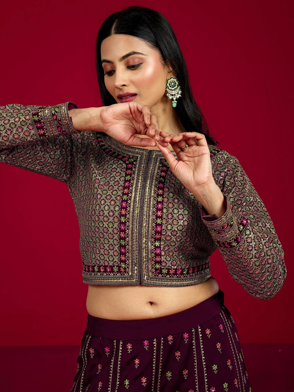 Libas Art Wine Embroidered Silk Blend 3 Piece Co-Ord Sets With Dupatta