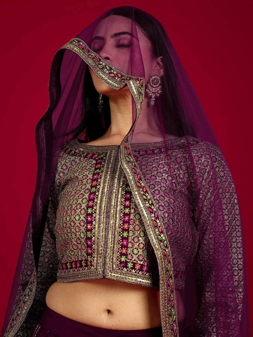 Libas Art Wine Embroidered Silk Blend 3 Piece Co-Ord Sets With Dupatta