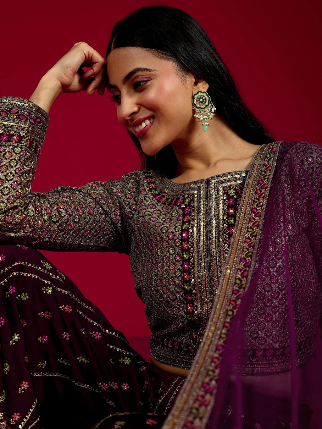 Libas Art Wine Embroidered Silk Blend 3 Piece Co-Ord Sets With Dupatta