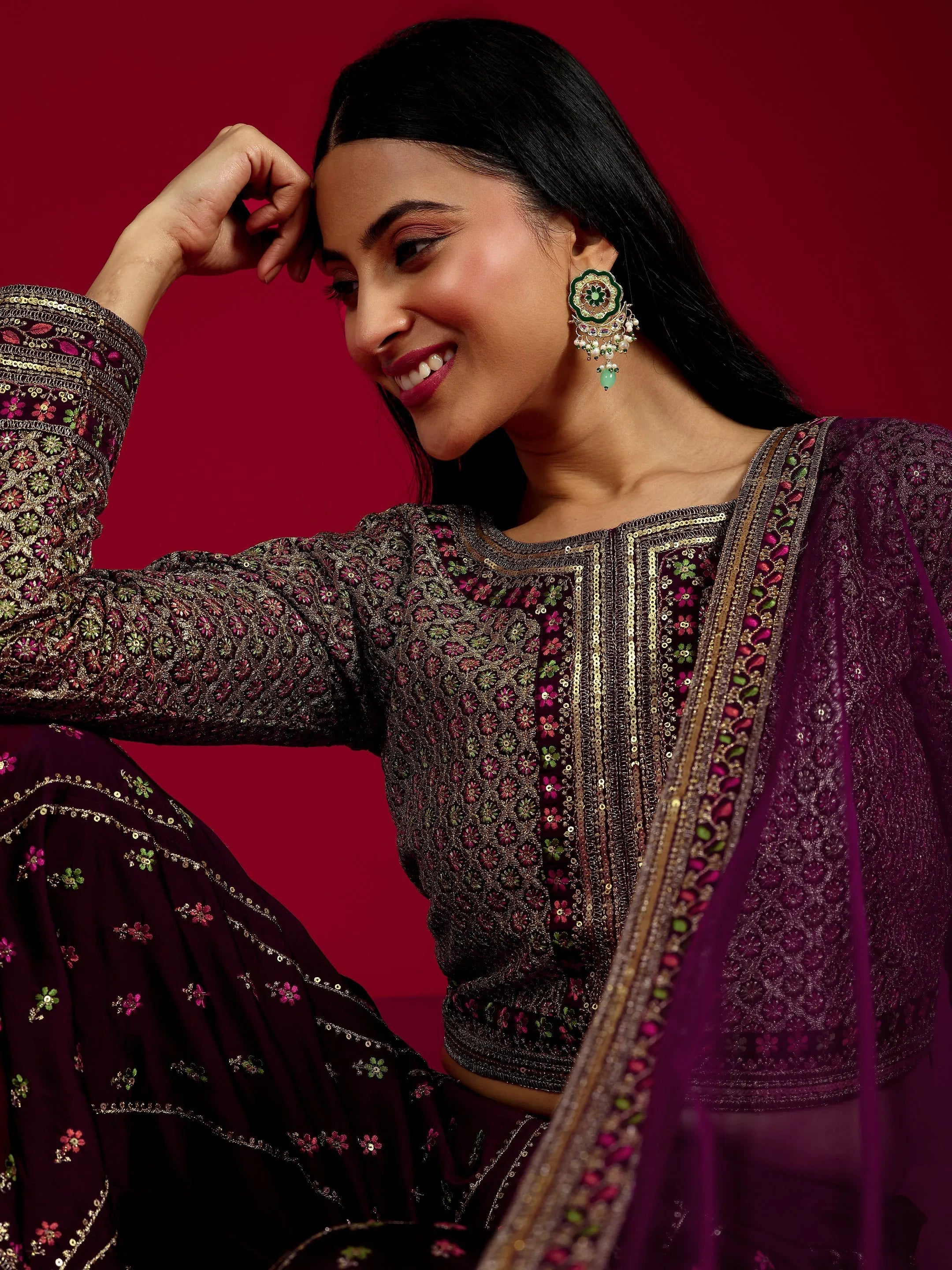 Libas Art Wine Embroidered Silk Blend 3 Piece Co-Ord Sets With Dupatta