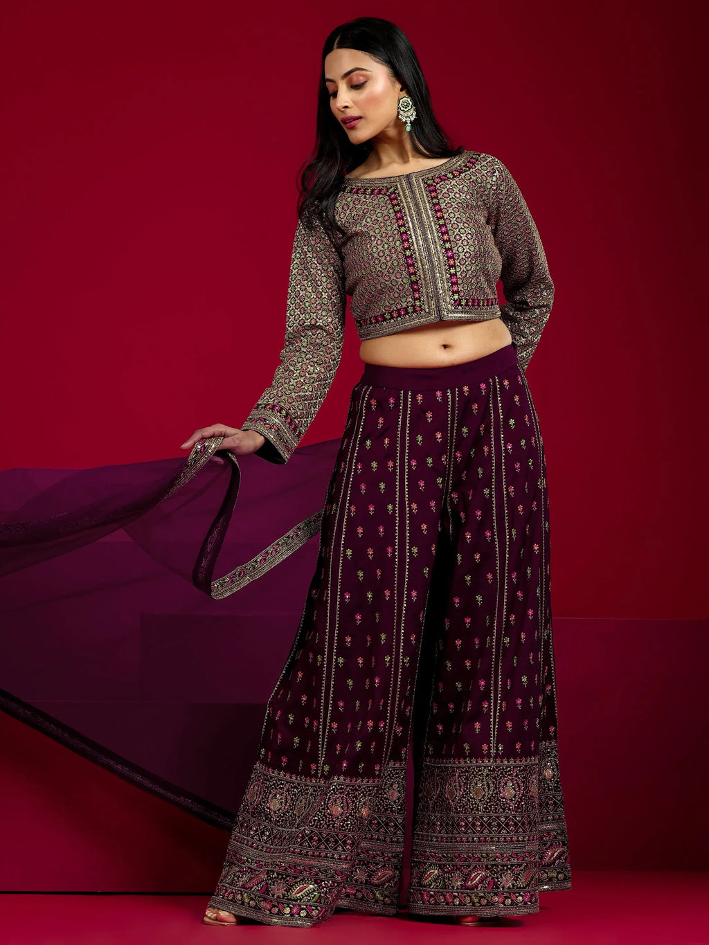 Libas Art Wine Embroidered Silk Blend 3 Piece Co-Ord Sets With Dupatta