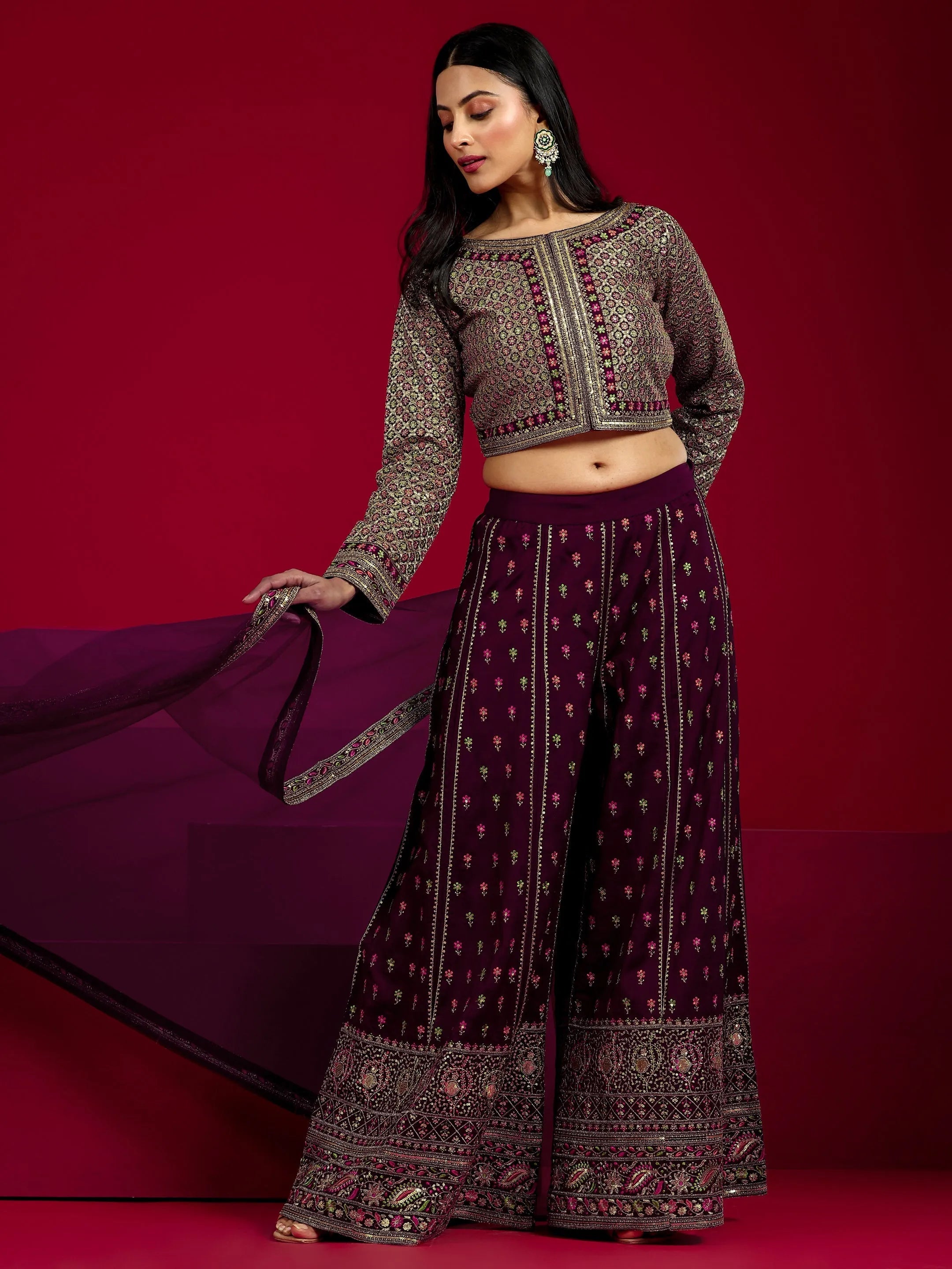 Libas Art Wine Embroidered Silk Blend 3 Piece Co-Ord Sets With Dupatta