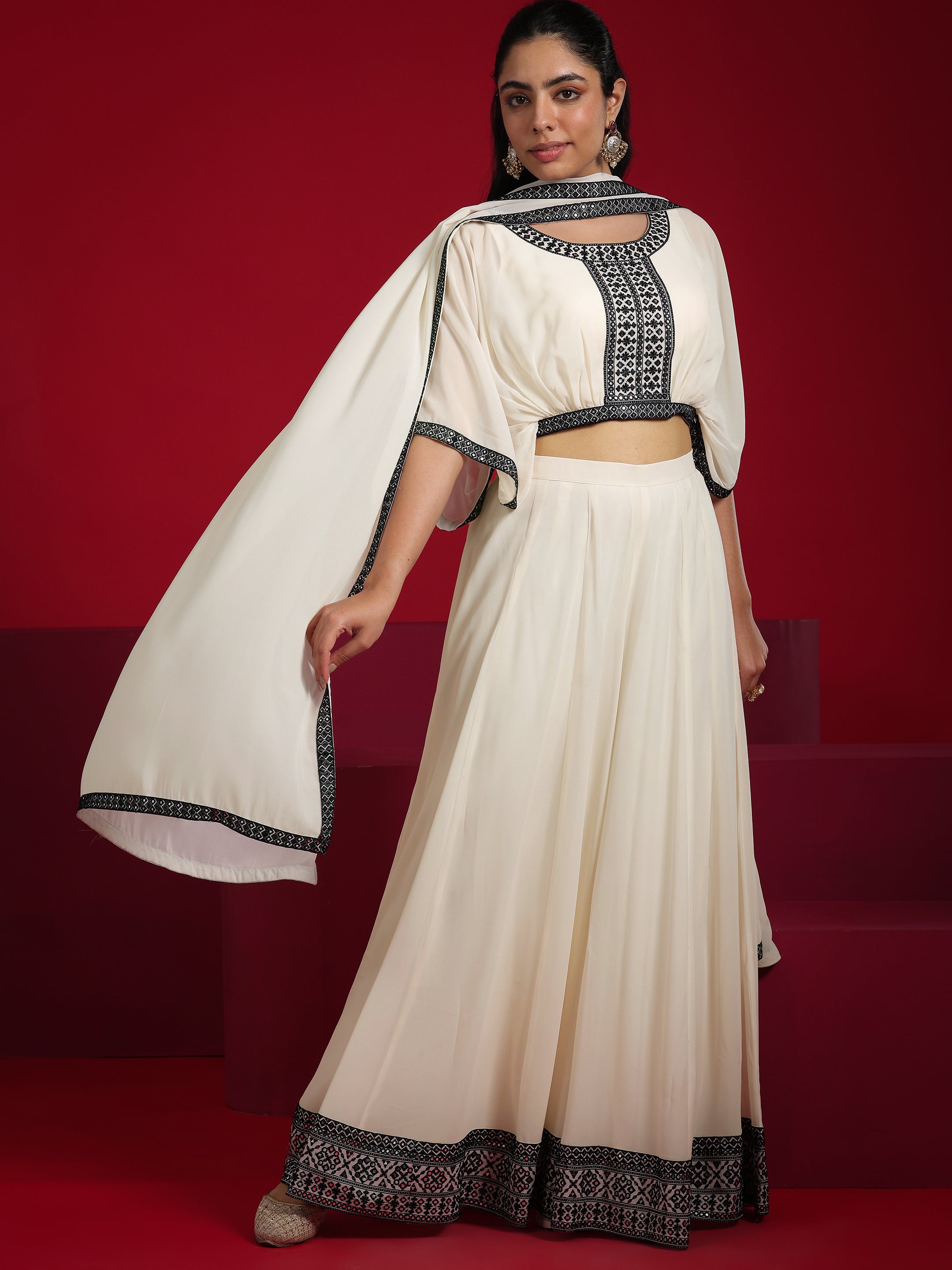Libas Art Off-White Embroidered Georgette Co-Ords With Dupatta