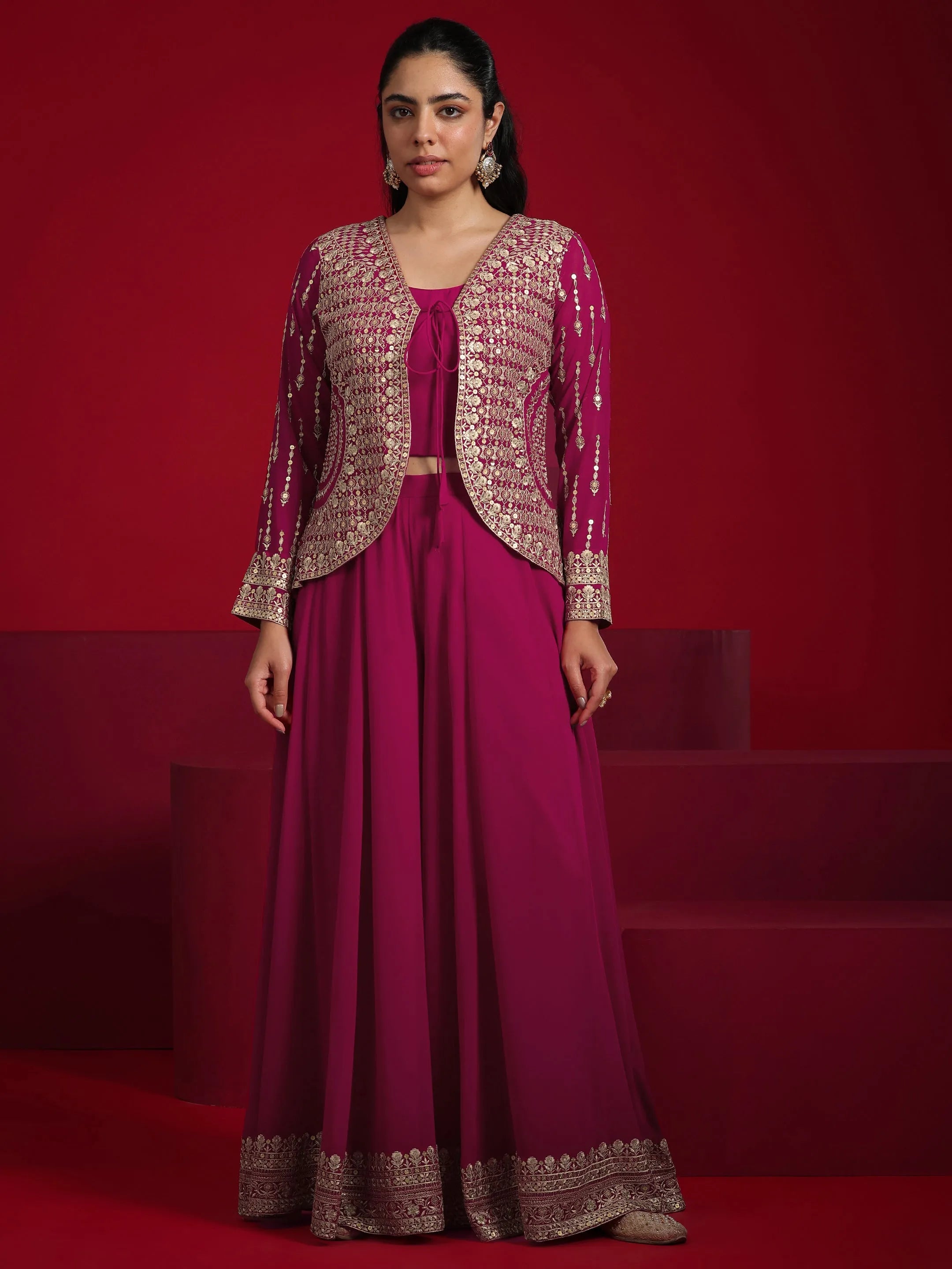 Libas Art Pink Embellished Georgette 3 Piece Co-Ord Sets With Jacket