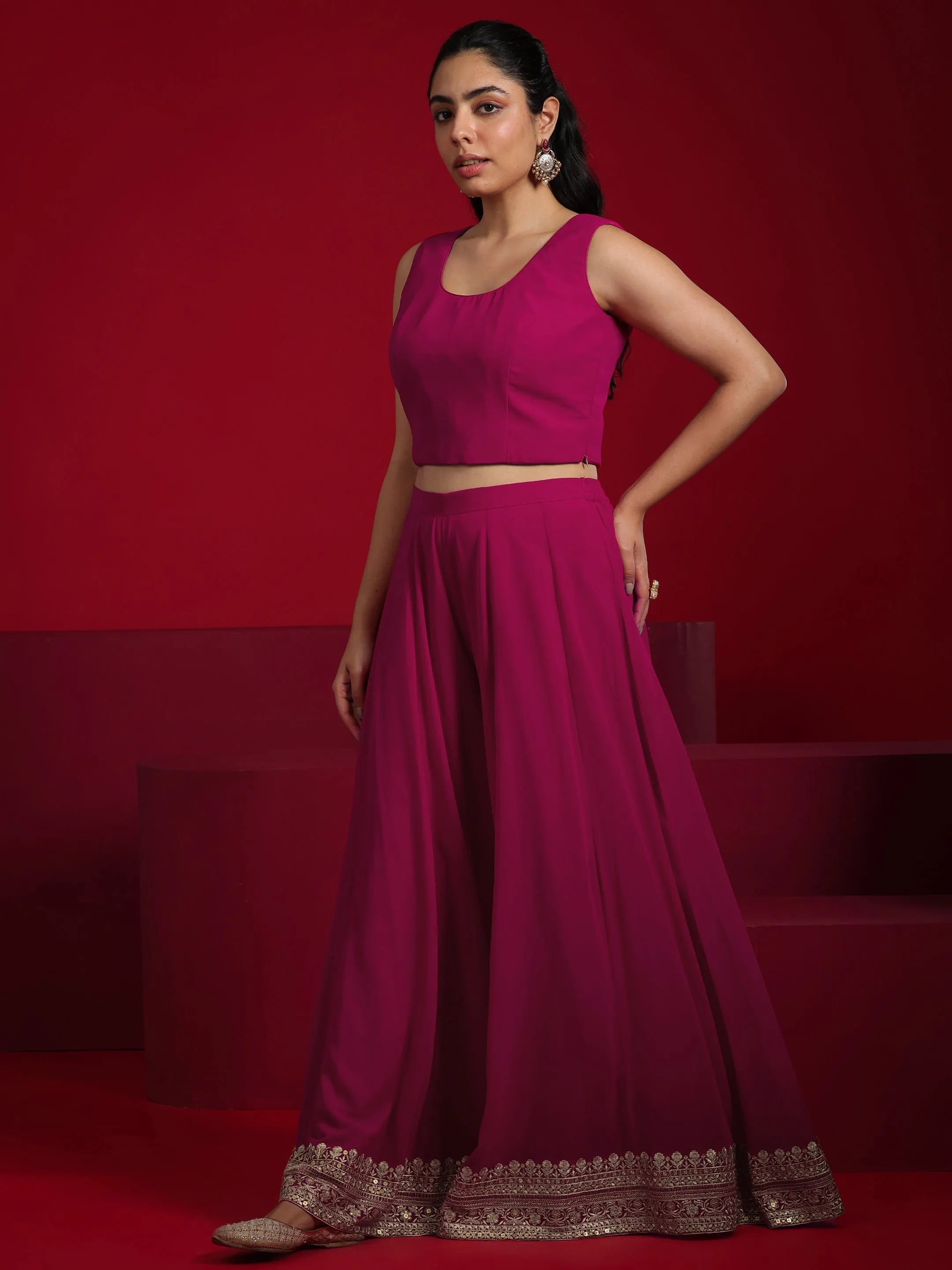 Libas Art Pink Embellished Georgette 3 Piece Co-Ord Sets With Jacket