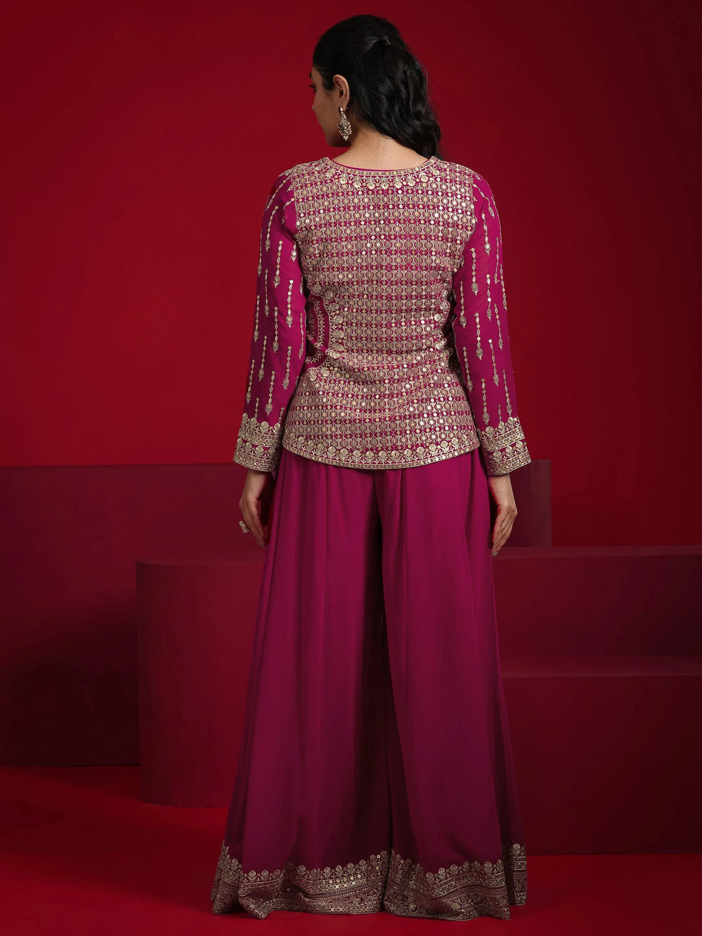 Libas Art Pink Embellished Georgette 3 Piece Co-Ord Sets With Jacket