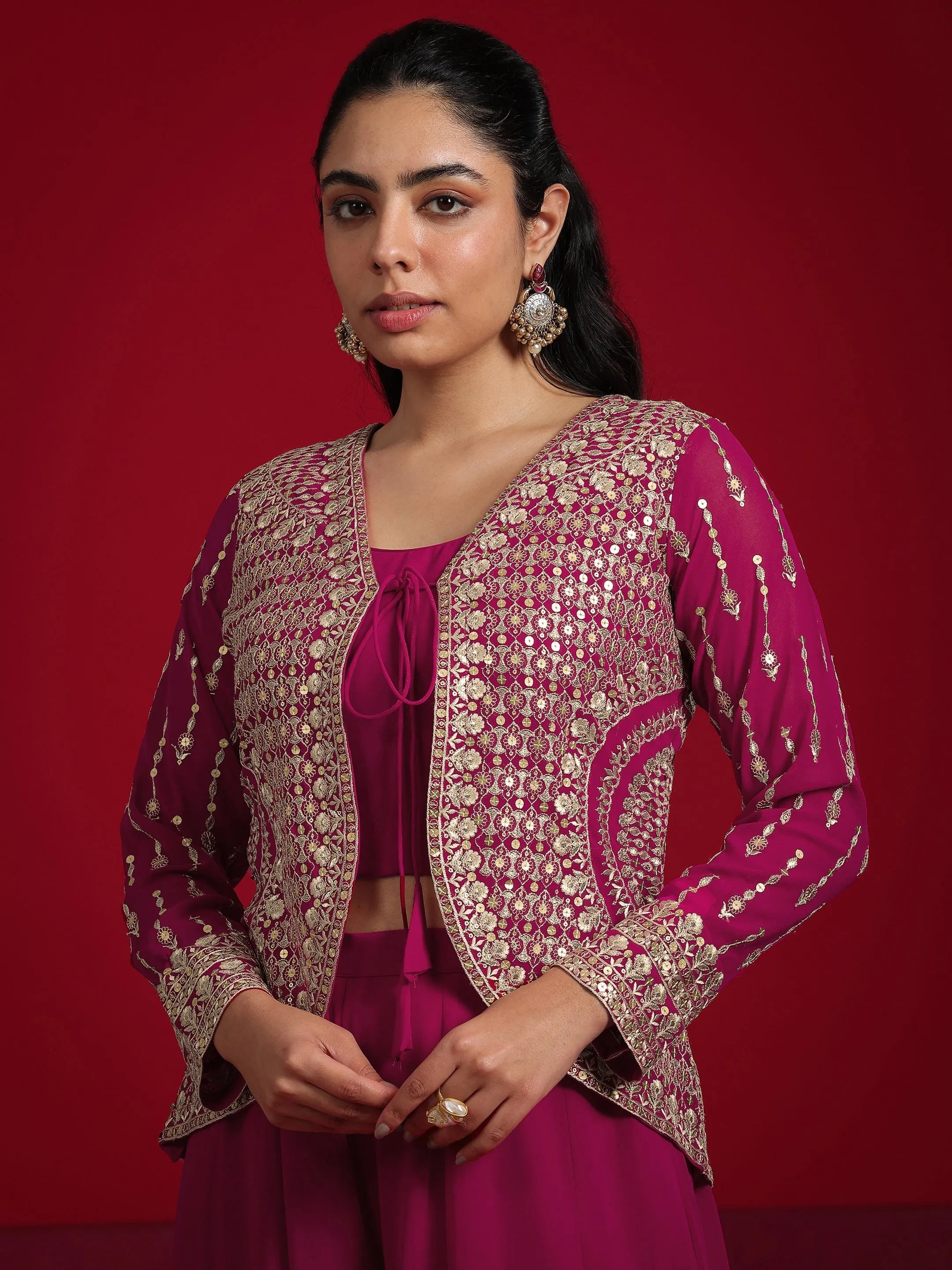 Libas Art Pink Embellished Georgette 3 Piece Co-Ord Sets With Jacket