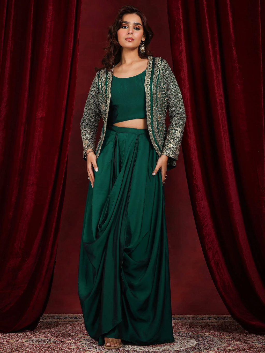 Libas Art Green Embroidered Silk Blend 3 Piece Co-Ords With Shrug