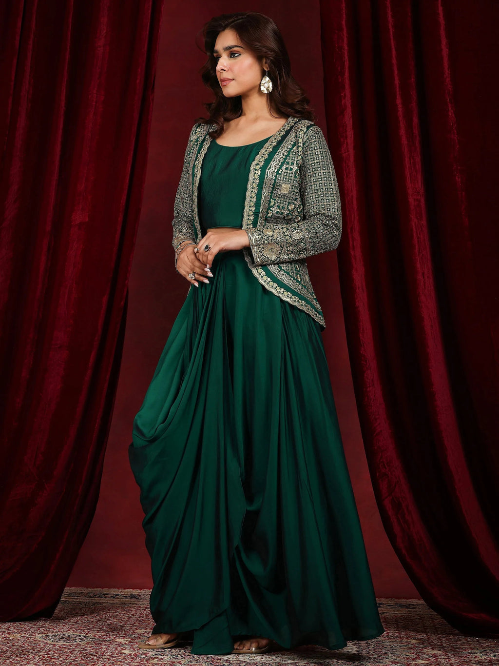 Libas Art Green Embroidered Silk Blend 3 Piece Co-Ords With Shrug