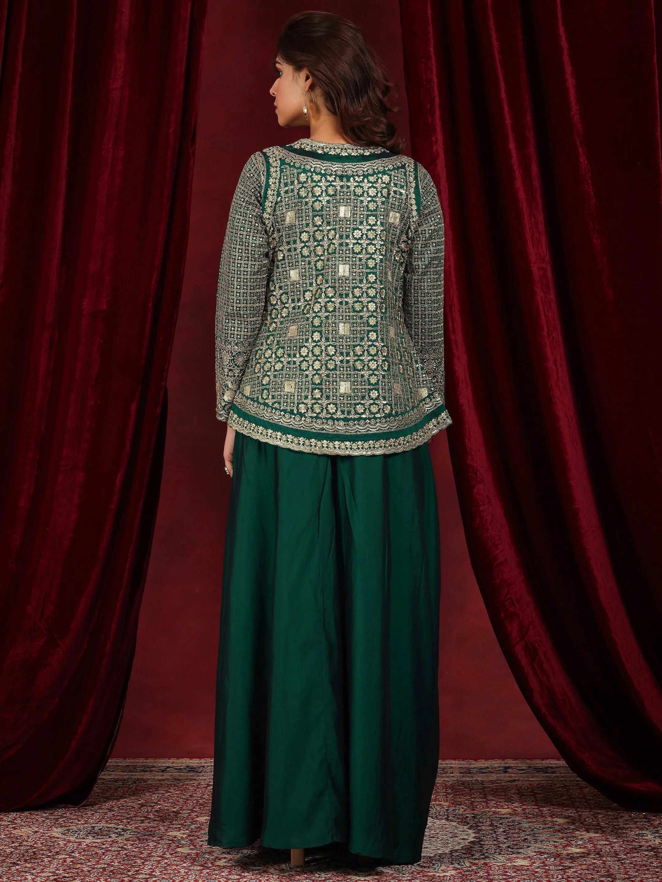 Libas Art Green Embroidered Silk Blend 3 Piece Co-Ords With Shrug