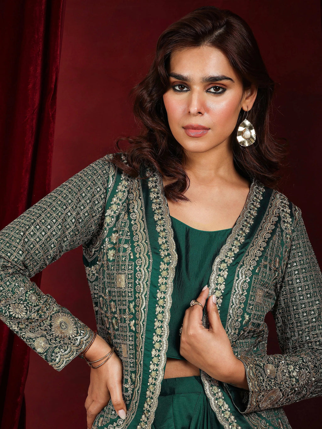 Libas Art Green Embroidered Silk Blend 3 Piece Co-Ords With Shrug