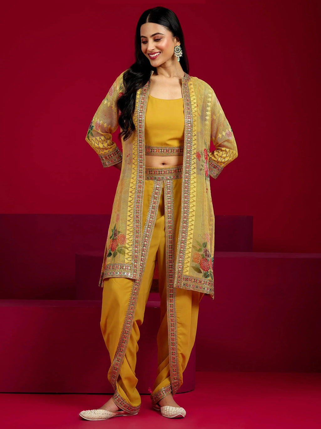 Libas Art Mustard Embroidered Georgette Co-Ord Sets