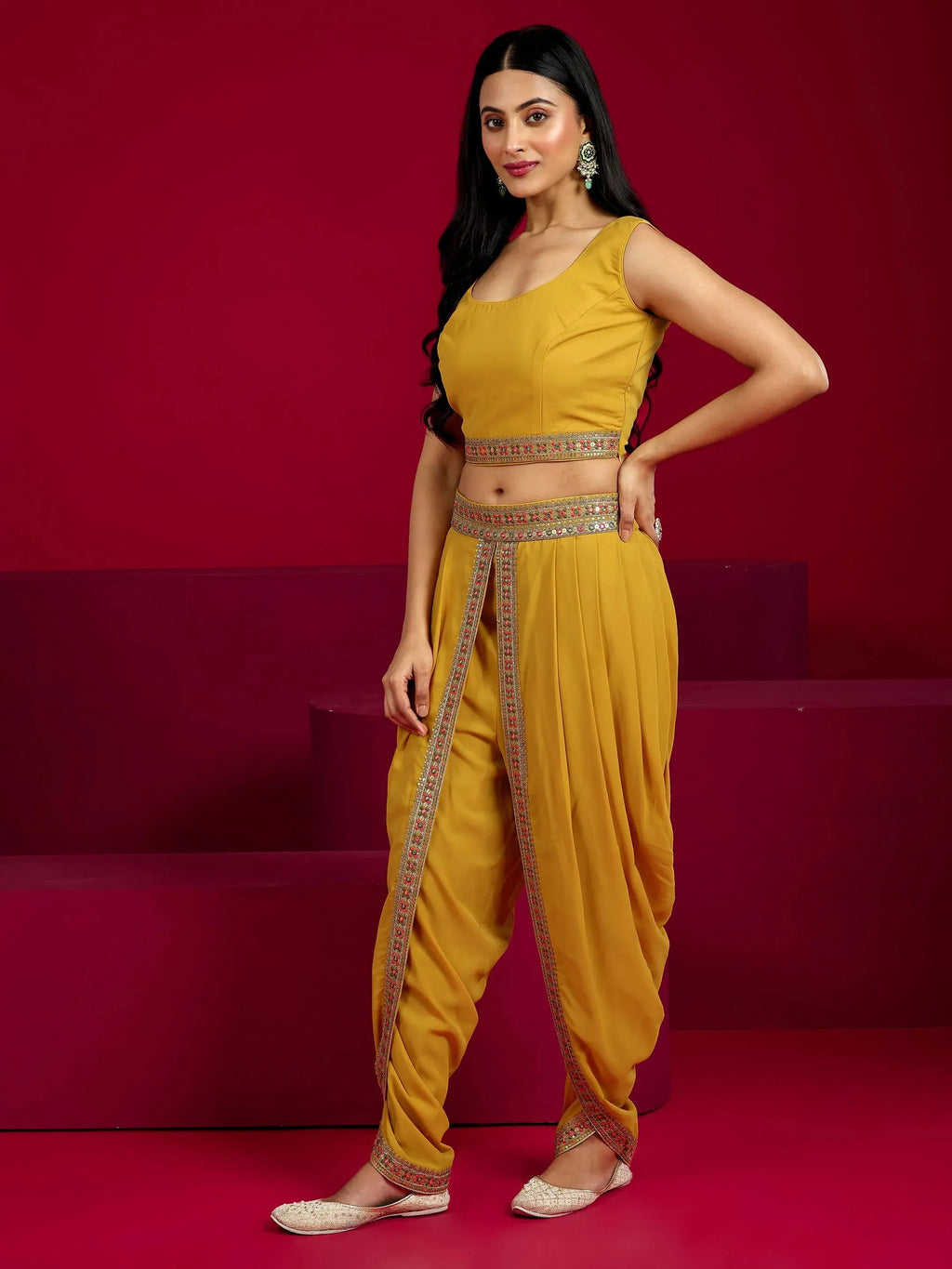 Libas Art Mustard Embroidered Georgette Co-Ord Sets