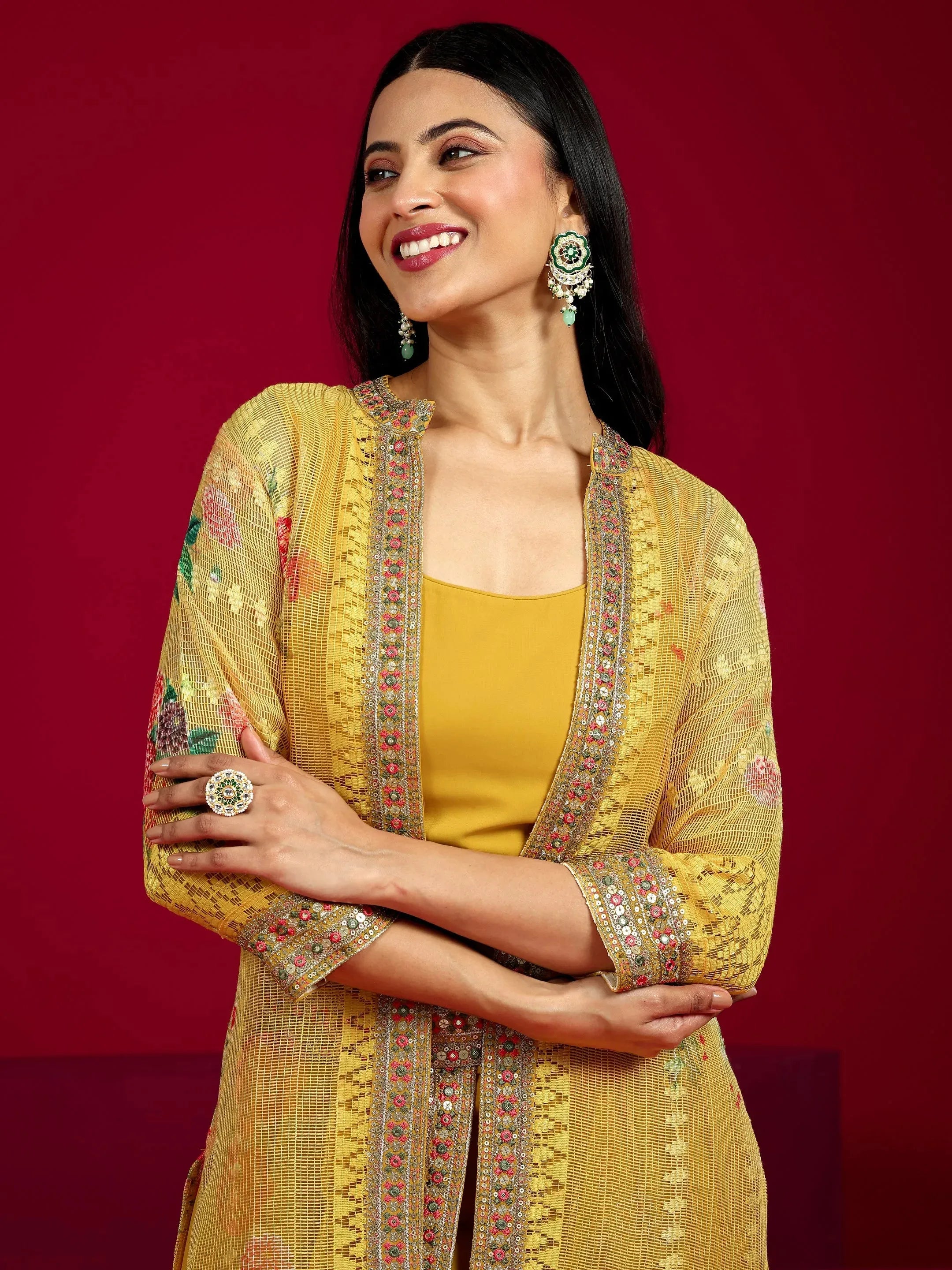 Libas Art Mustard Embroidered Georgette Co-Ord Sets
