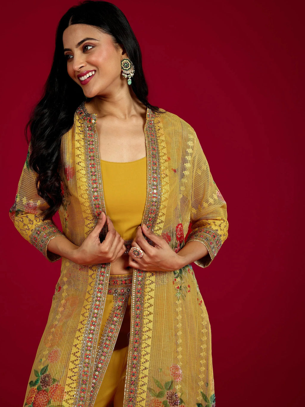 Libas Art Mustard Embroidered Georgette Co-Ord Sets