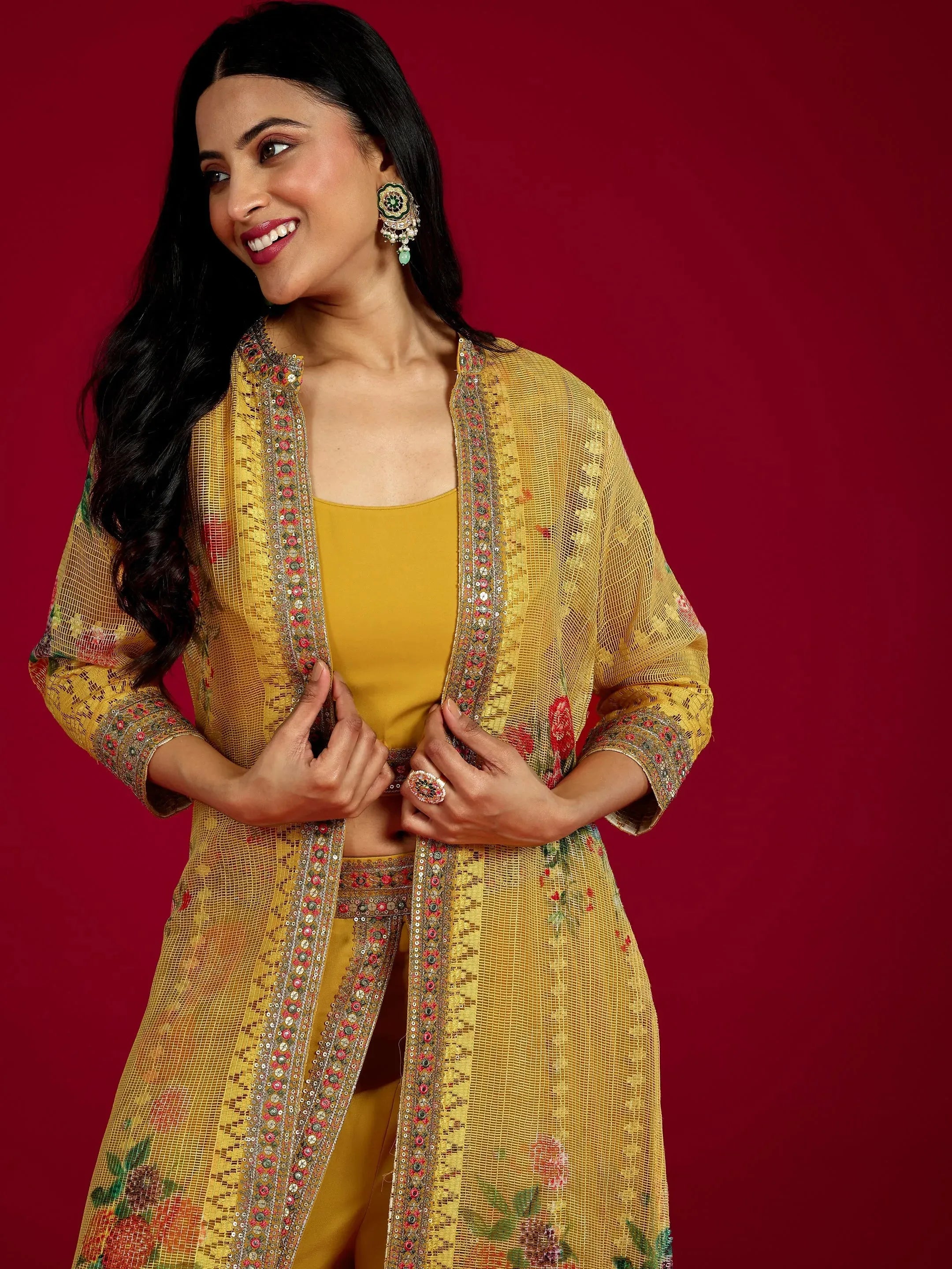Libas Art Mustard Embroidered Georgette Co-Ord Sets