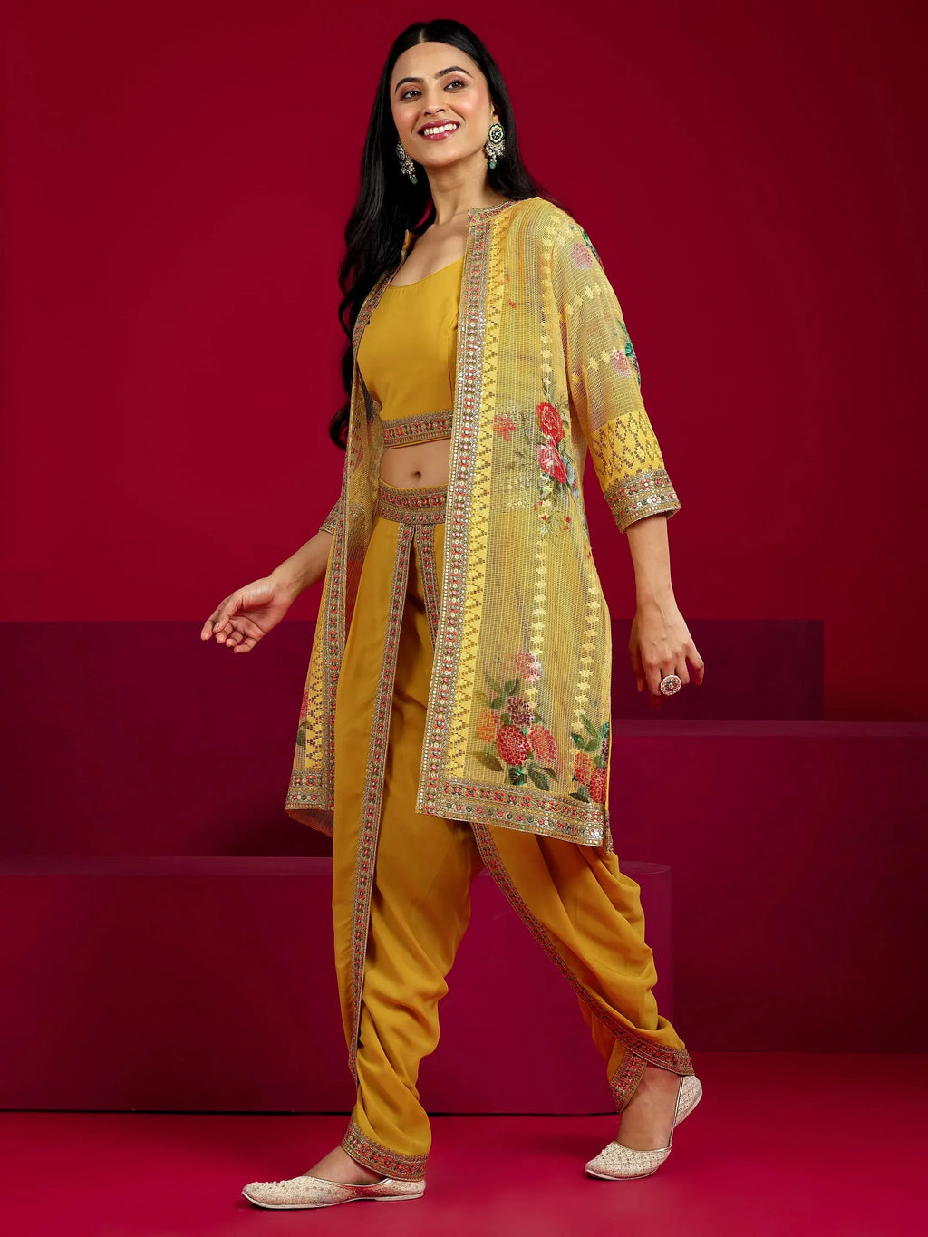 Libas Art Mustard Embroidered Georgette Co-Ord Sets