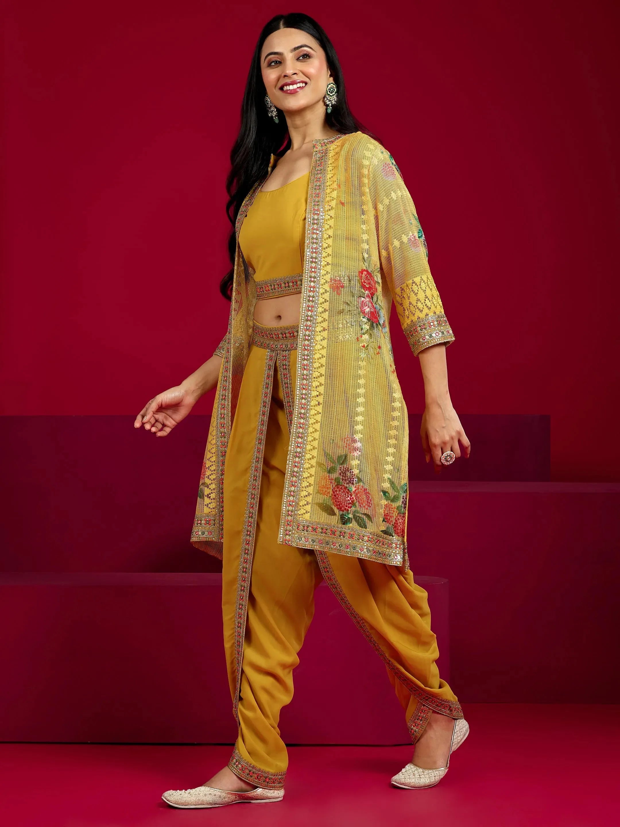 Libas Art Mustard Embroidered Georgette Co-Ord Sets