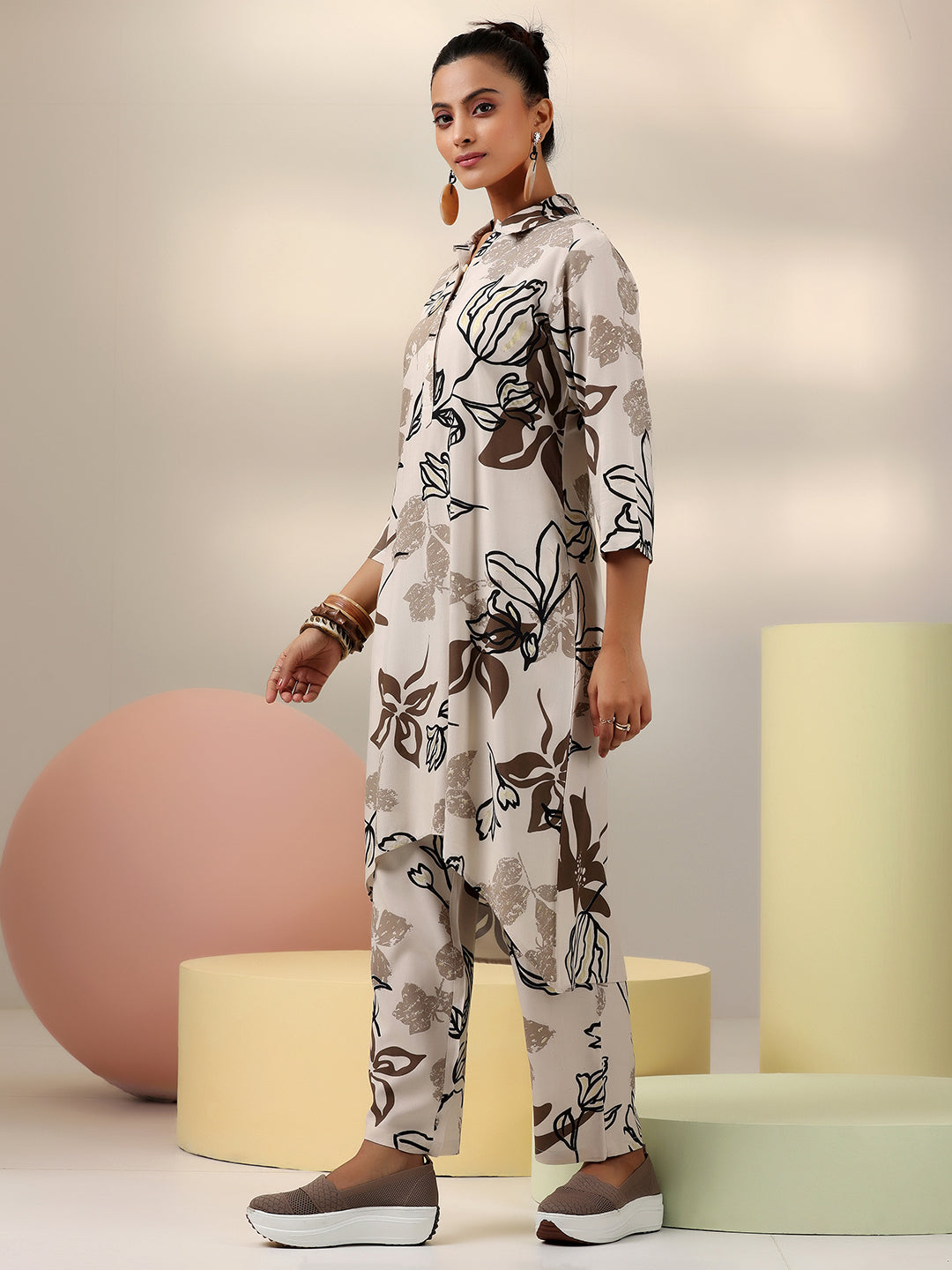 Beige Printed Rayon Co-Ords