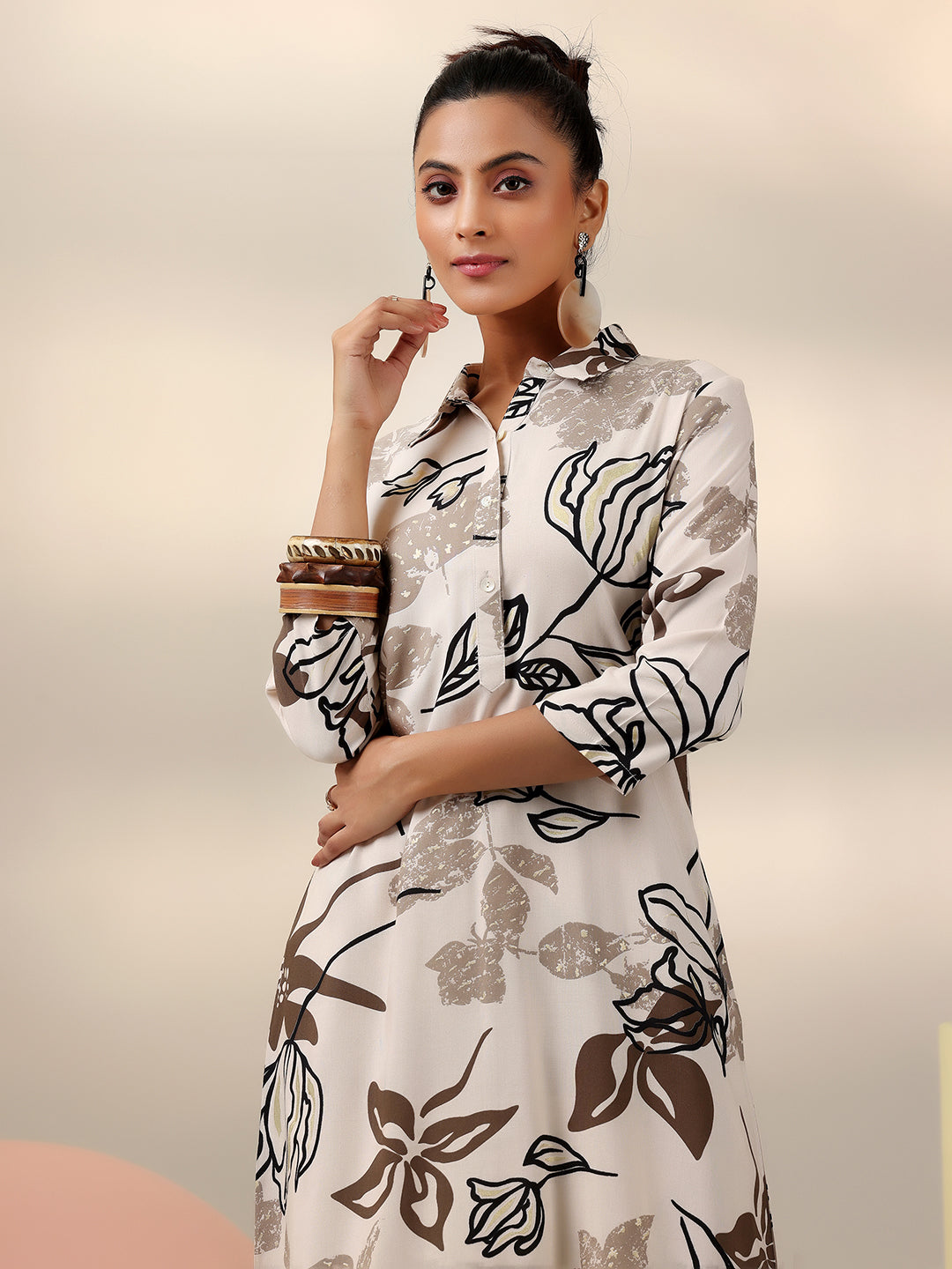 Beige Printed Rayon Co-Ords