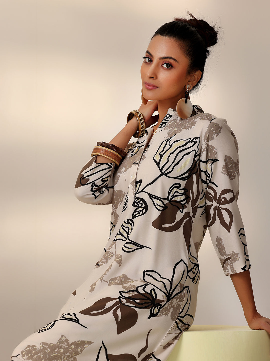 Beige Printed Rayon Co-Ords