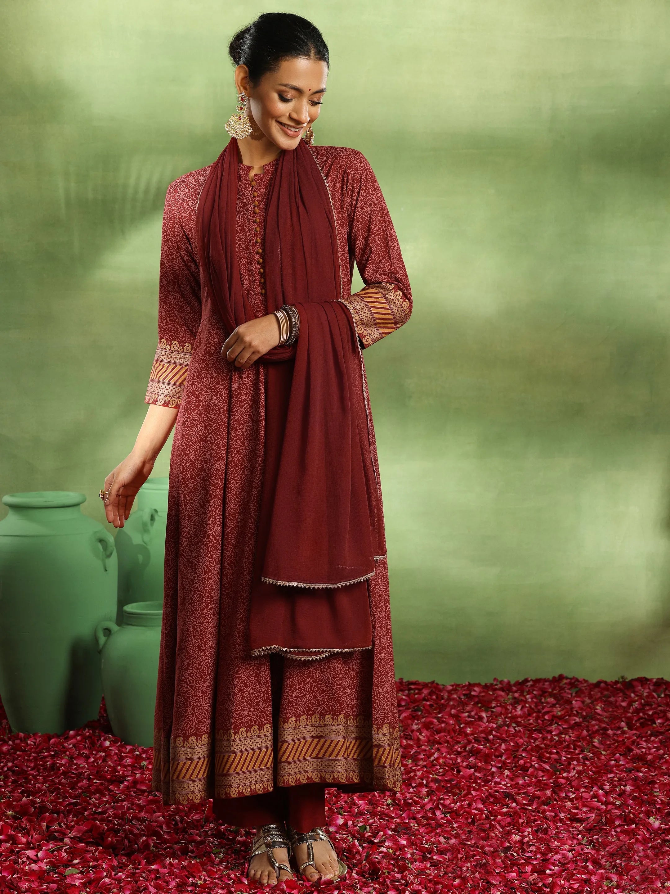Maroon Printed Rayon Anarkali Suit With Dupatta