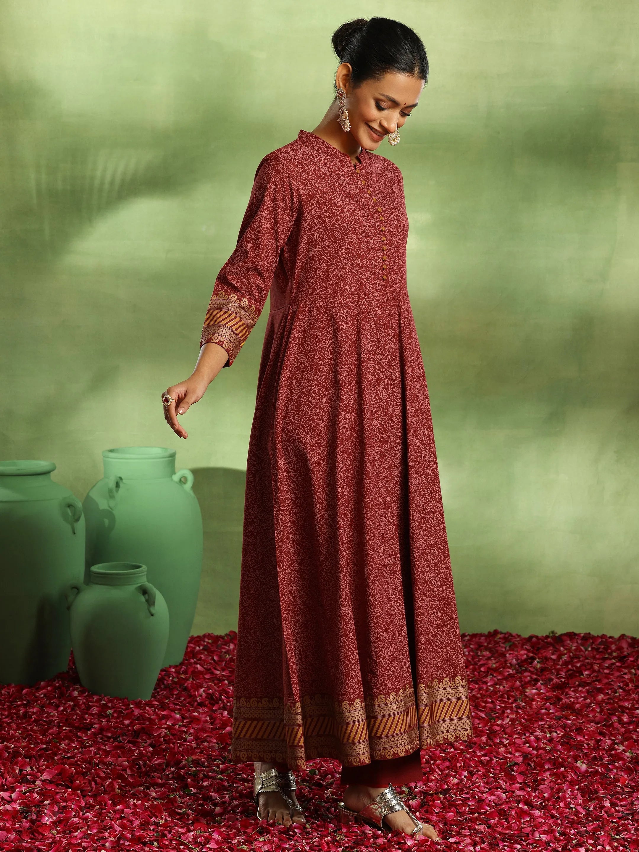 Maroon Printed Rayon Anarkali Suit With Dupatta