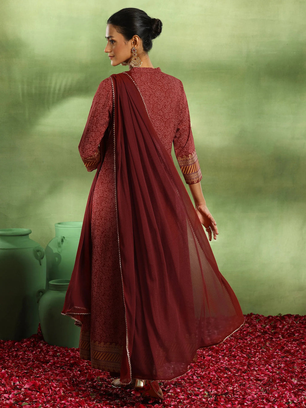Maroon Printed Rayon Anarkali Suit With Dupatta