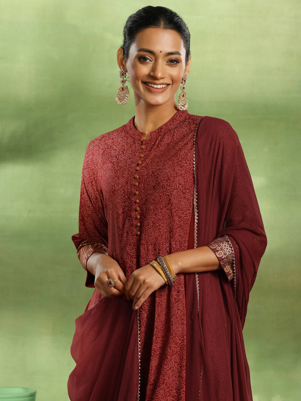 Maroon Printed Rayon Anarkali Suit With Dupatta