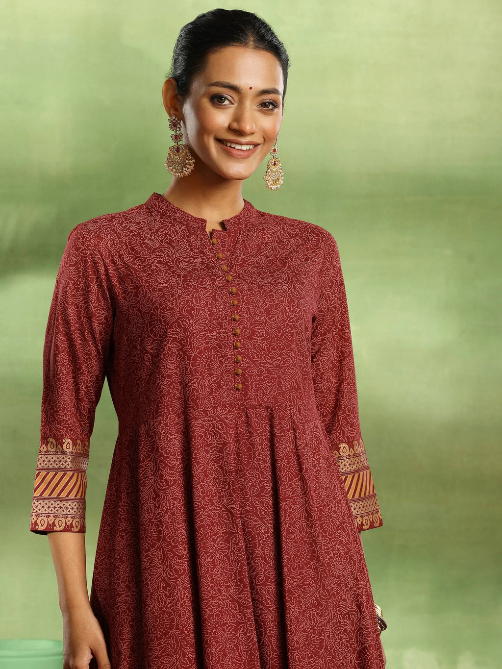 Maroon Printed Rayon Anarkali Suit With Dupatta
