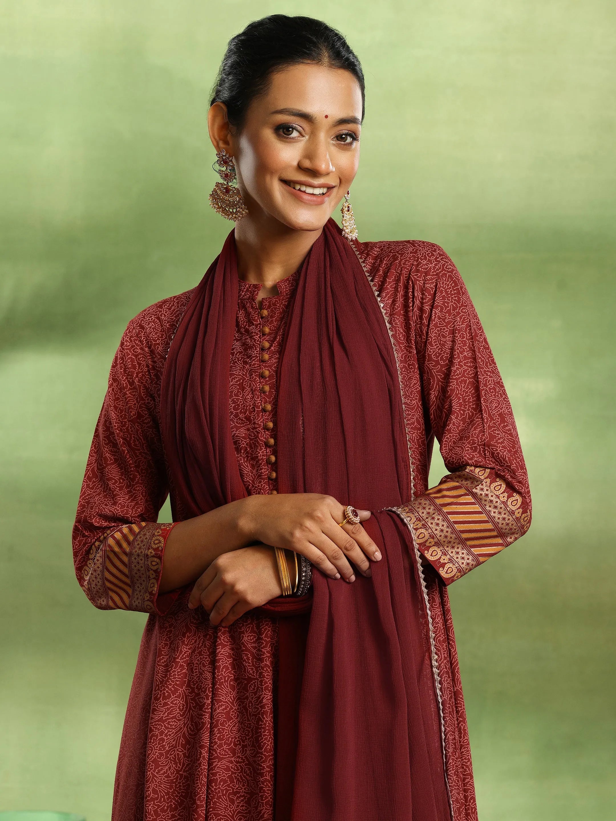 Maroon Printed Rayon Anarkali Suit With Dupatta