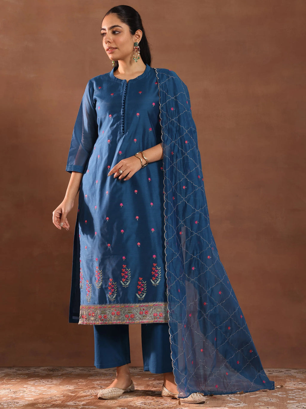 Blue Embroidered Chanderi Silk Straight Suit With Dupatta