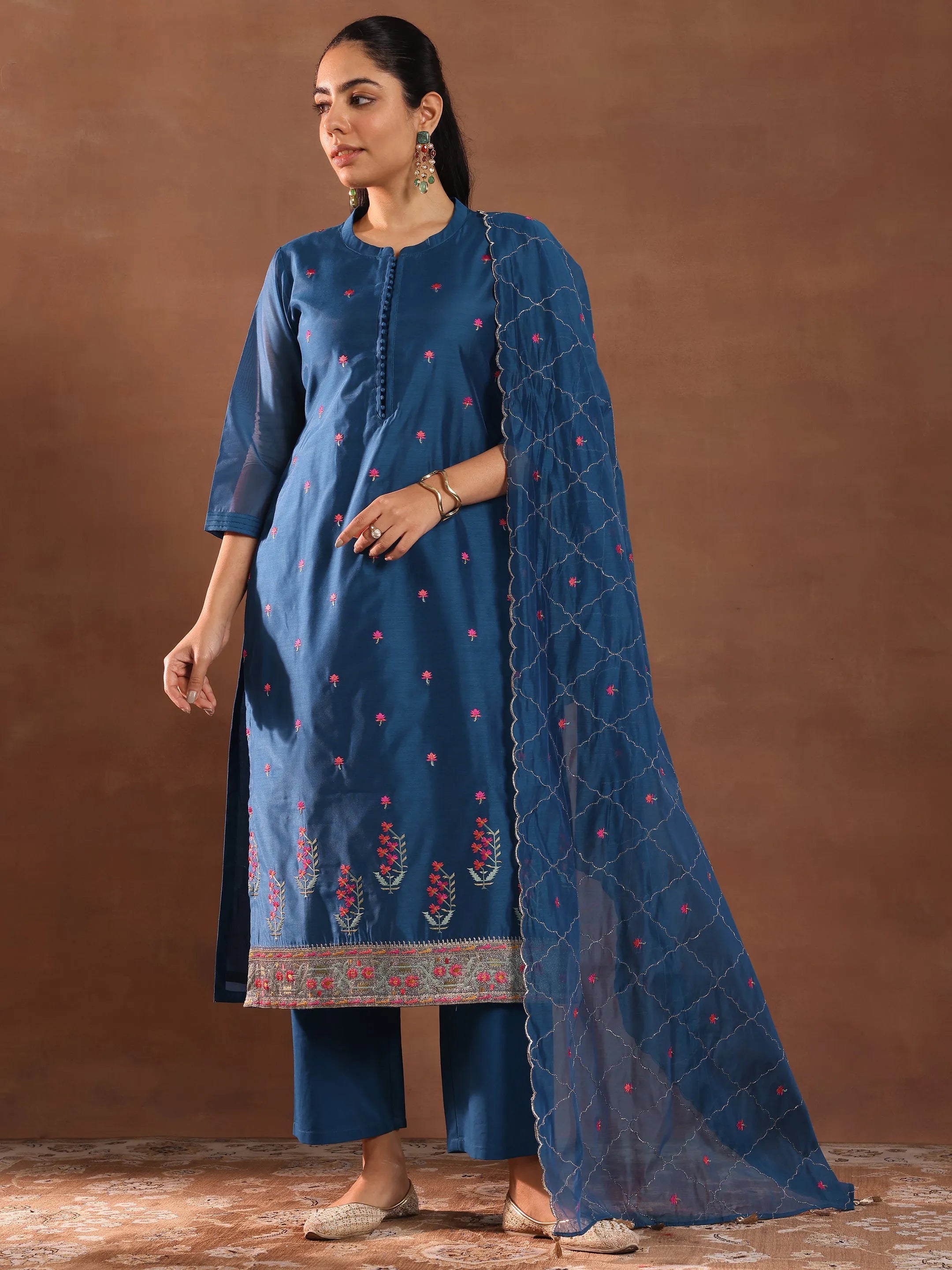 Blue Embroidered Chanderi Silk Straight Suit With Dupatta