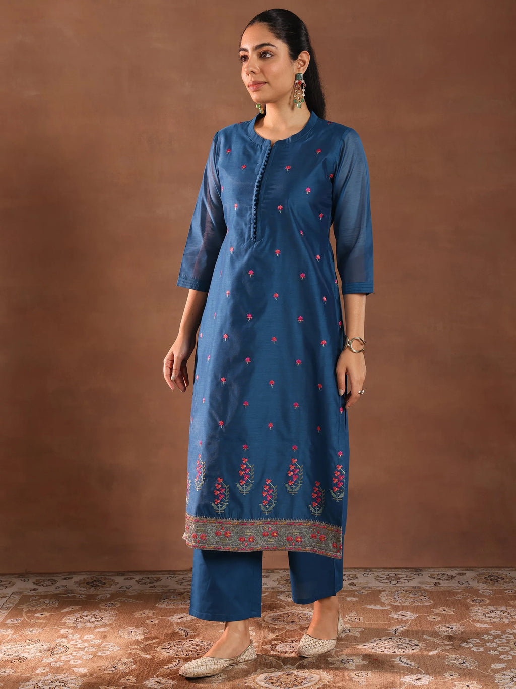 Blue Embroidered Chanderi Silk Straight Suit With Dupatta