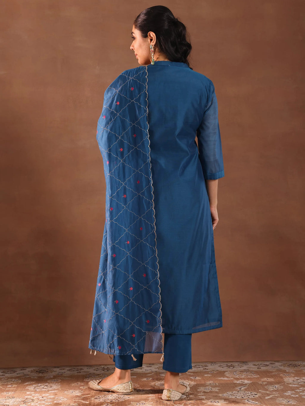 Blue Embroidered Chanderi Silk Straight Suit With Dupatta