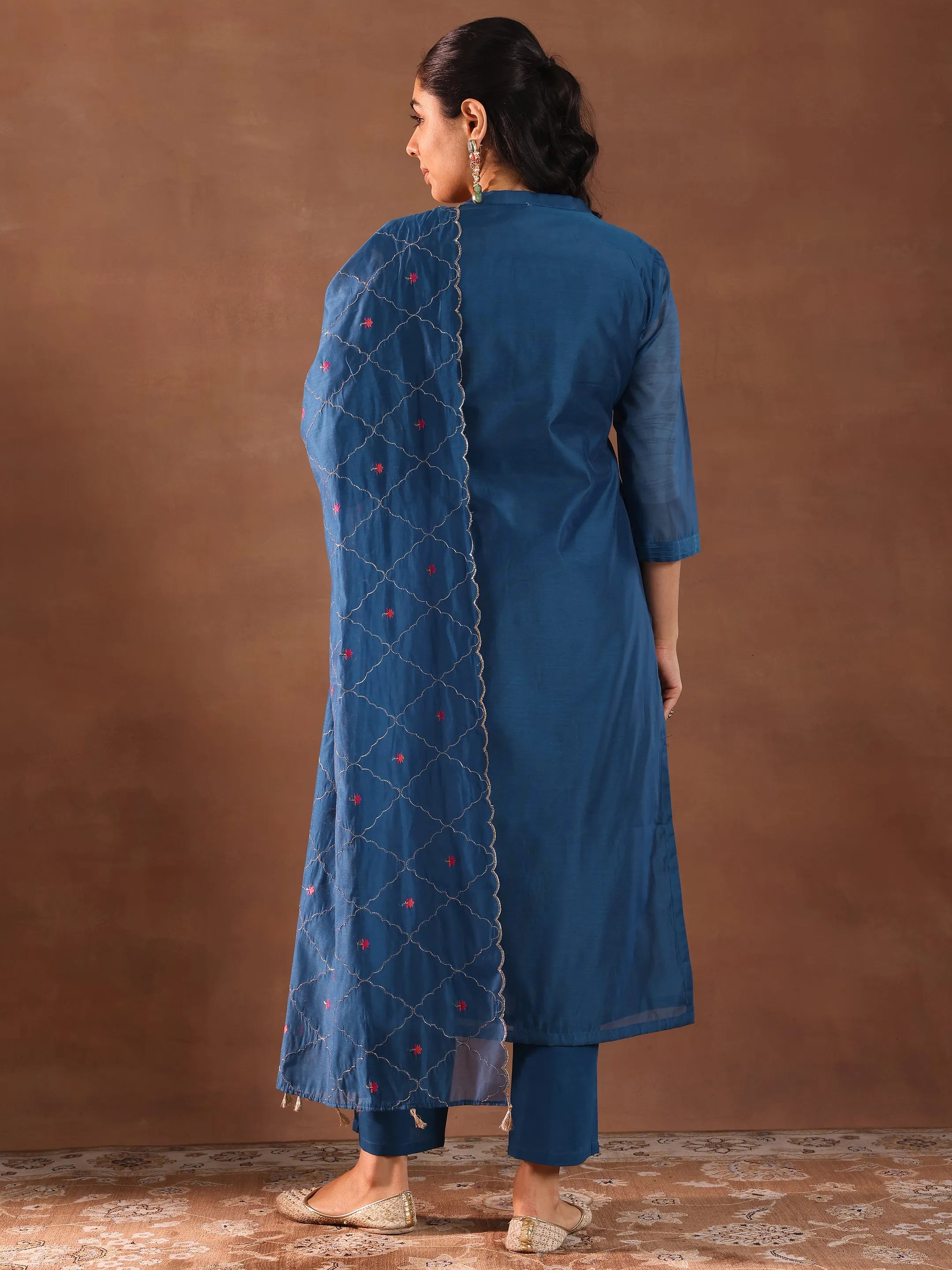 Blue Embroidered Chanderi Silk Straight Suit With Dupatta
