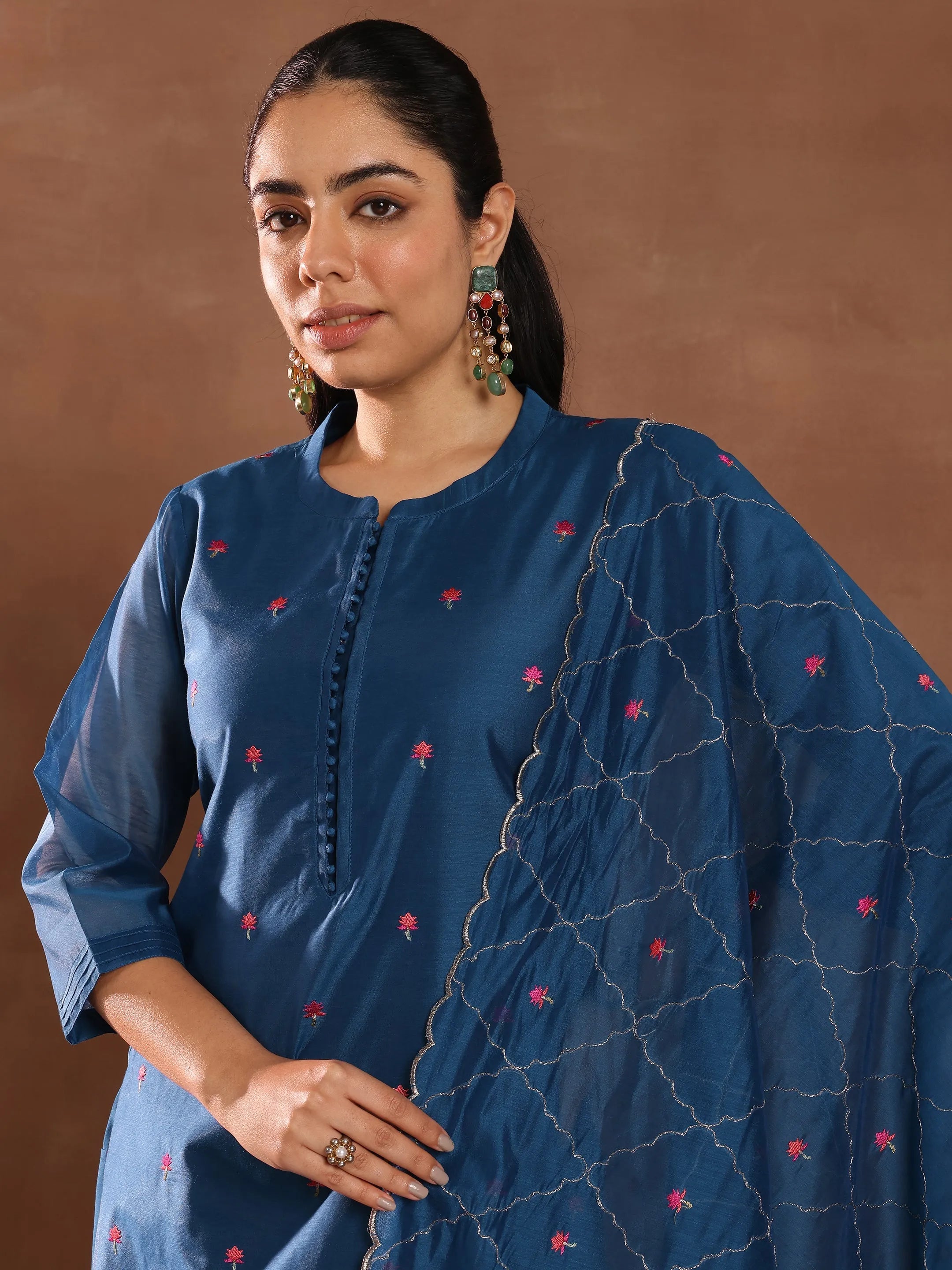 Blue Embroidered Chanderi Silk Straight Suit With Dupatta