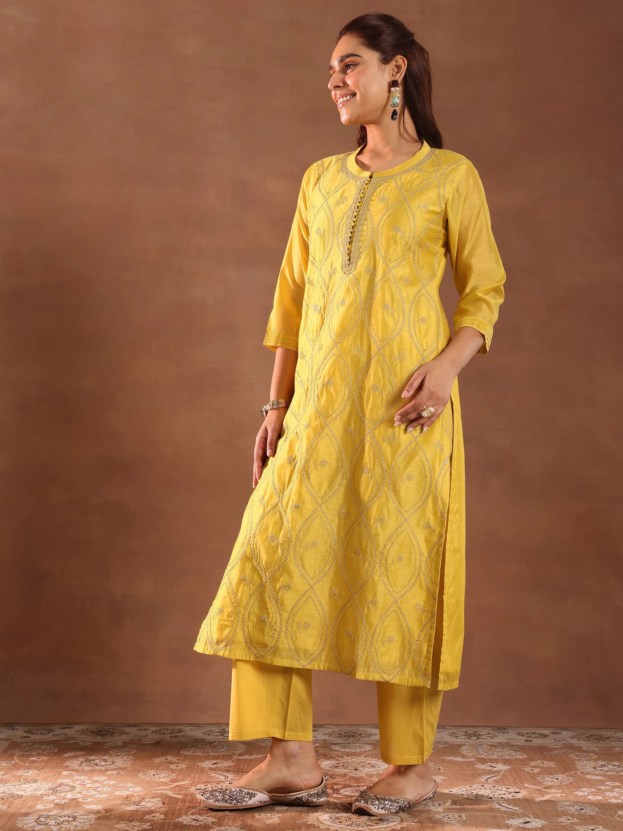 Mustard Embroidered Chanderi Silk Straight Suit With Dupatta