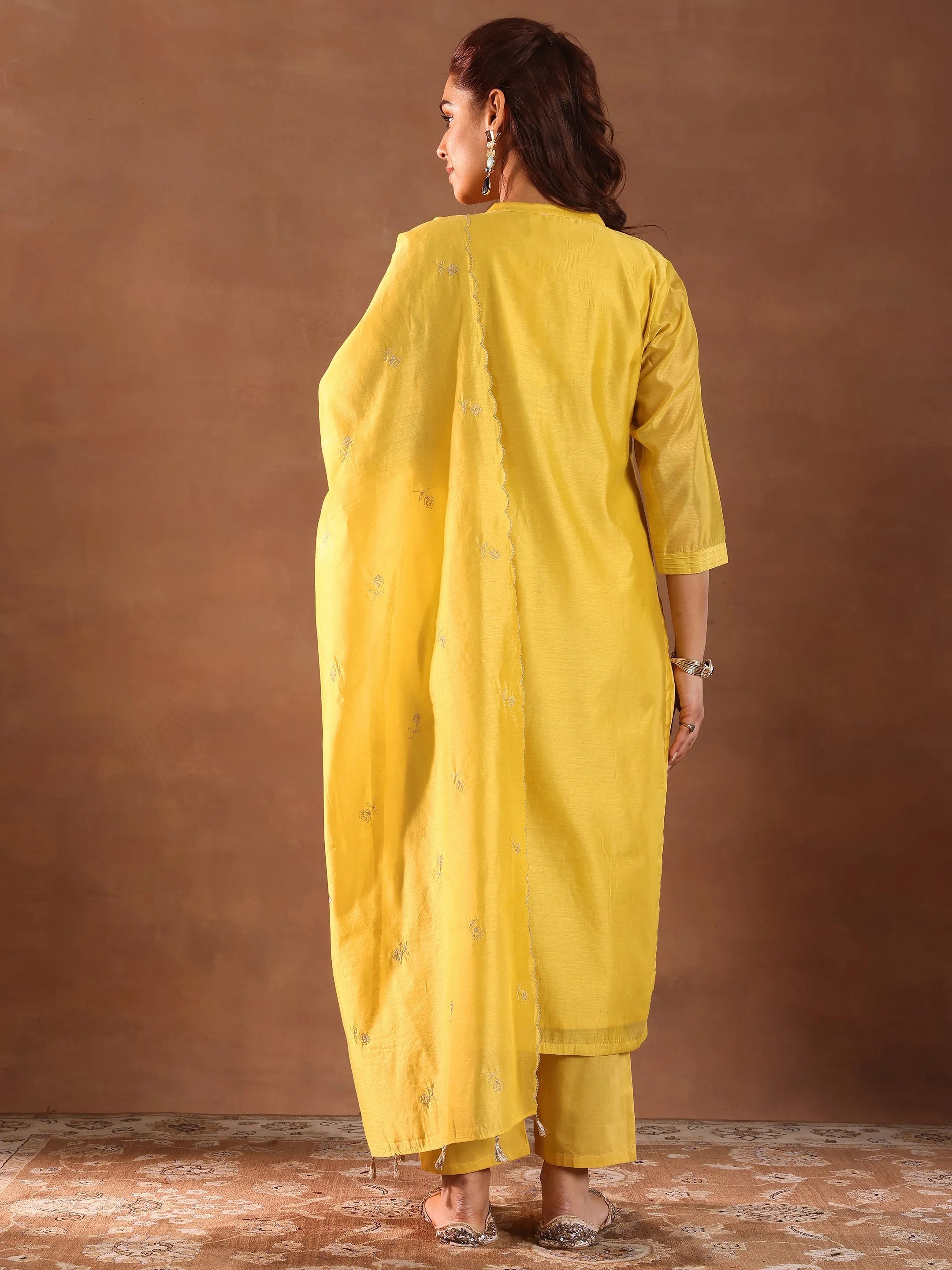 Mustard Embroidered Chanderi Silk Straight Suit With Dupatta