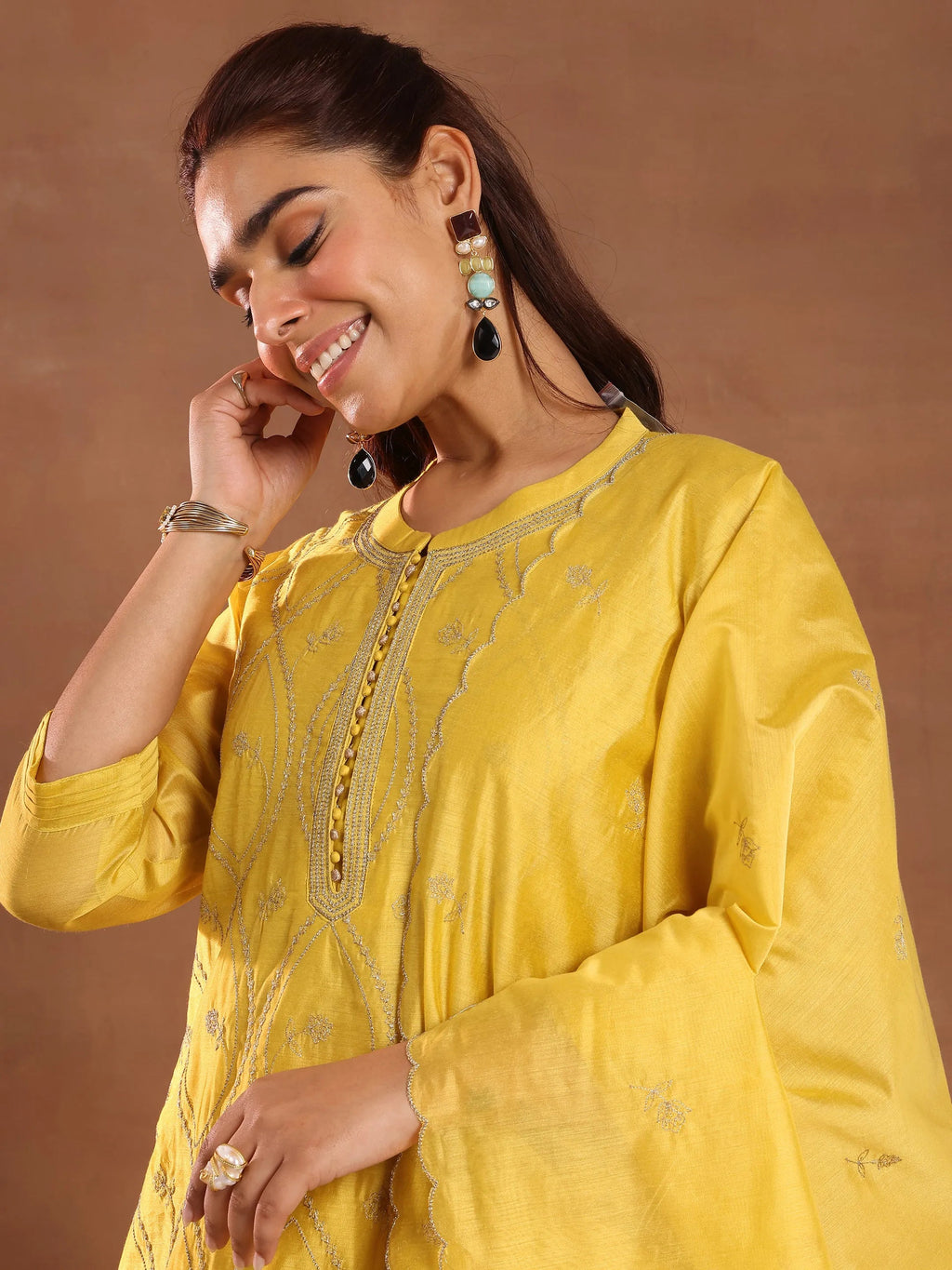 Mustard Embroidered Chanderi Silk Straight Suit With Dupatta