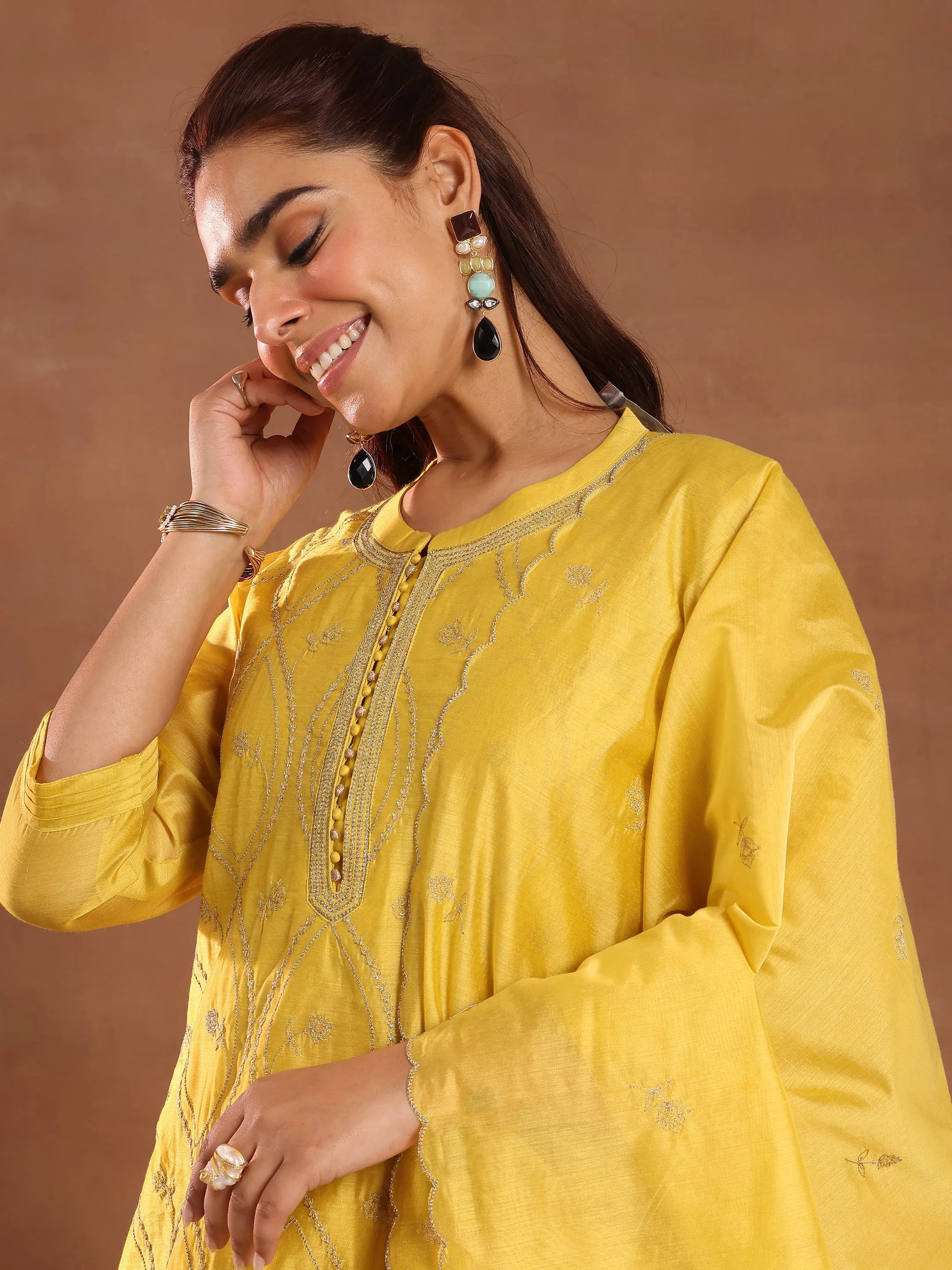 Mustard Embroidered Chanderi Silk Straight Suit With Dupatta