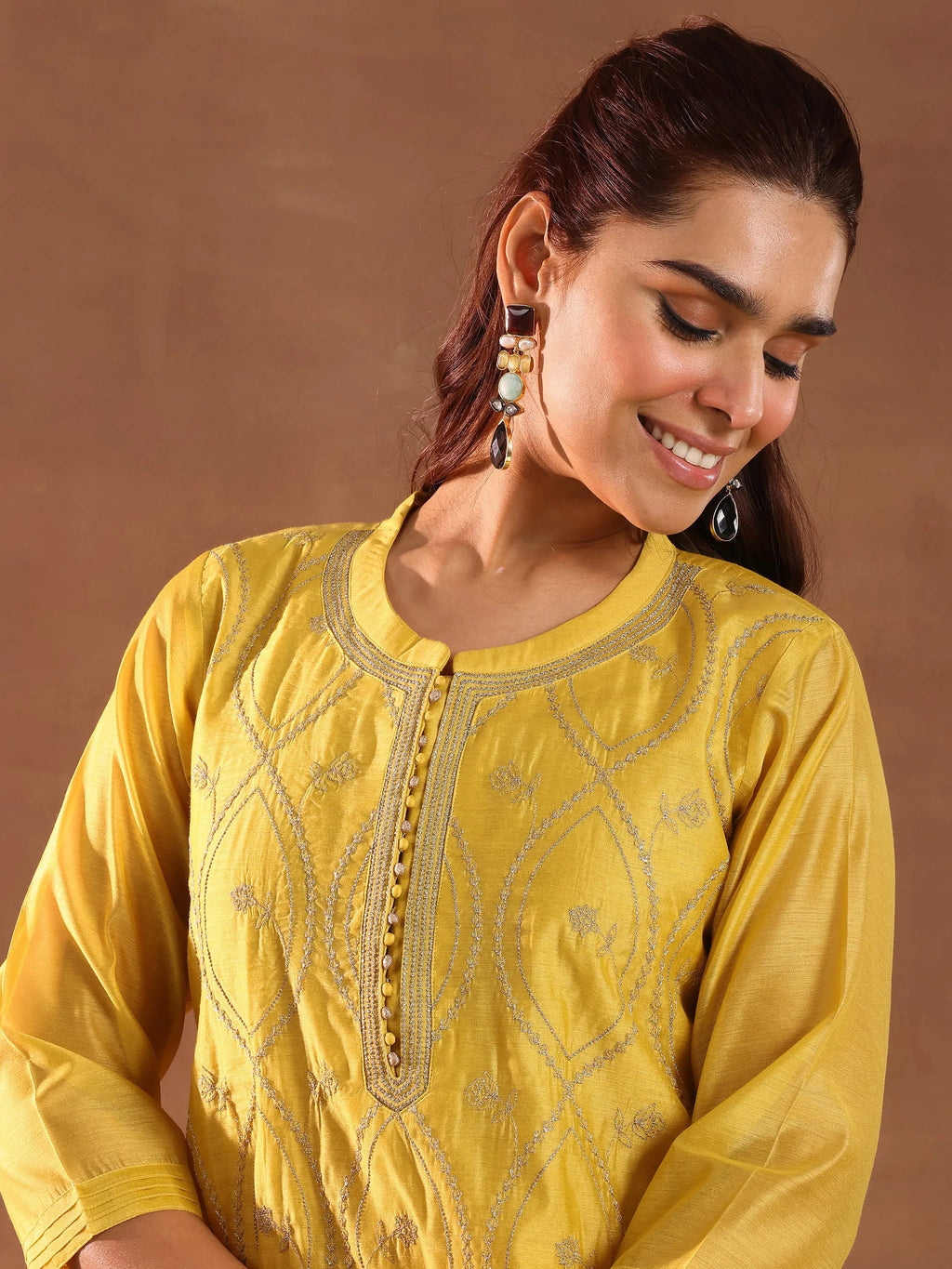 Mustard Embroidered Chanderi Silk Straight Suit With Dupatta