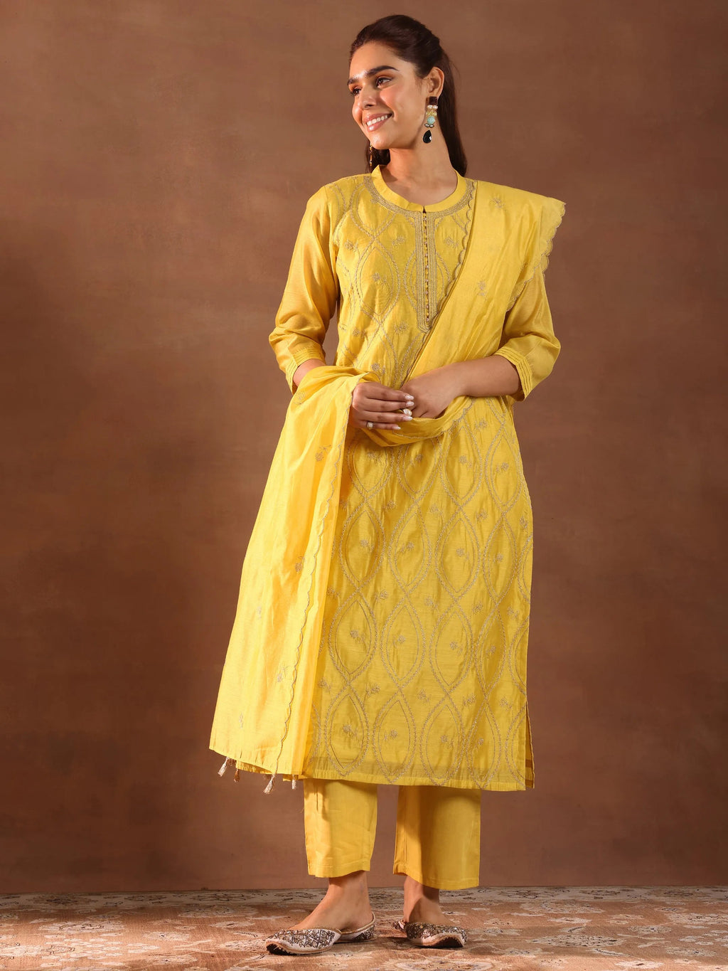 Mustard Embroidered Chanderi Silk Straight Suit With Dupatta