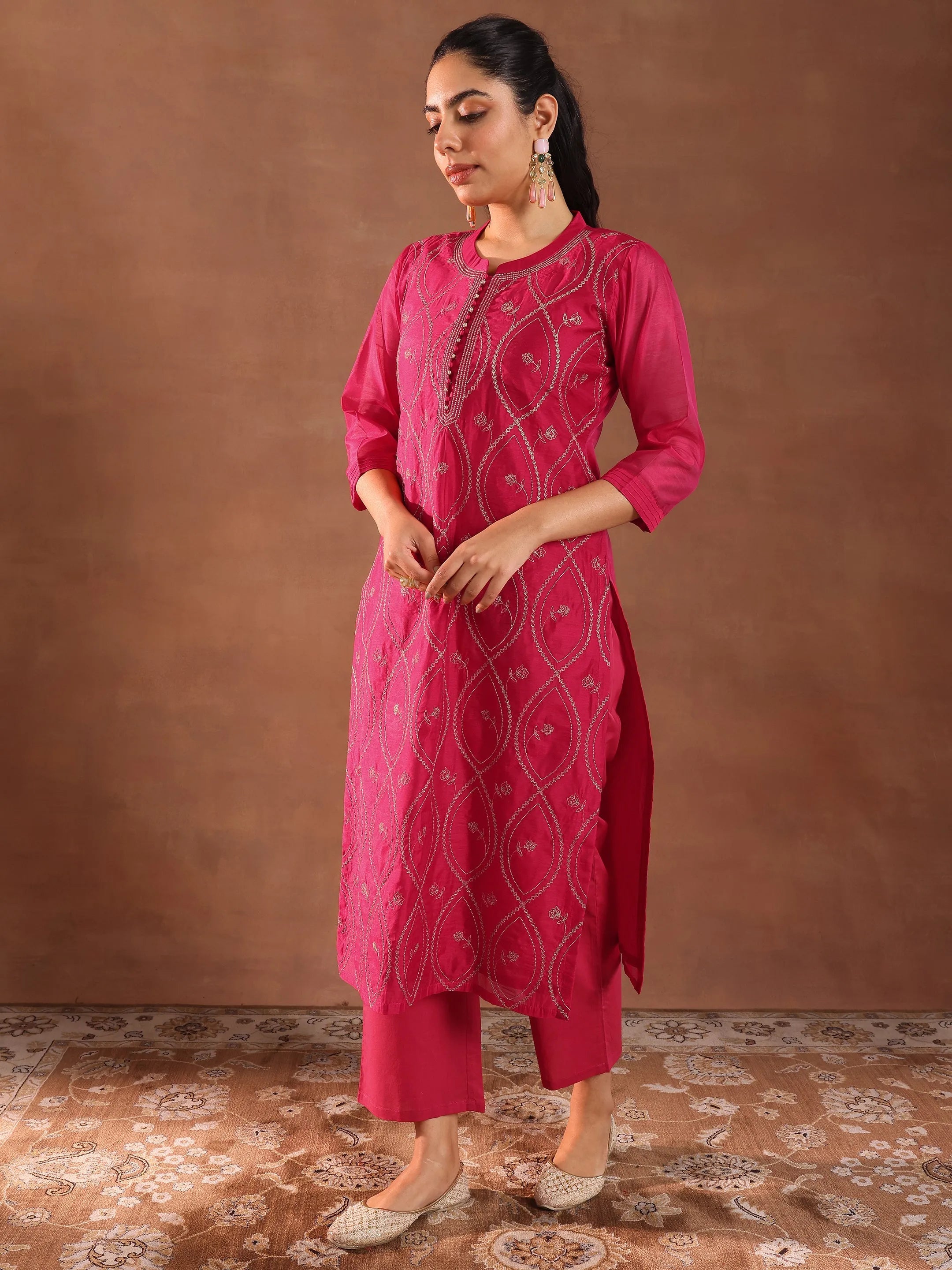 Pink Embroidered Chanderi Silk Straight Suit With Dupatta