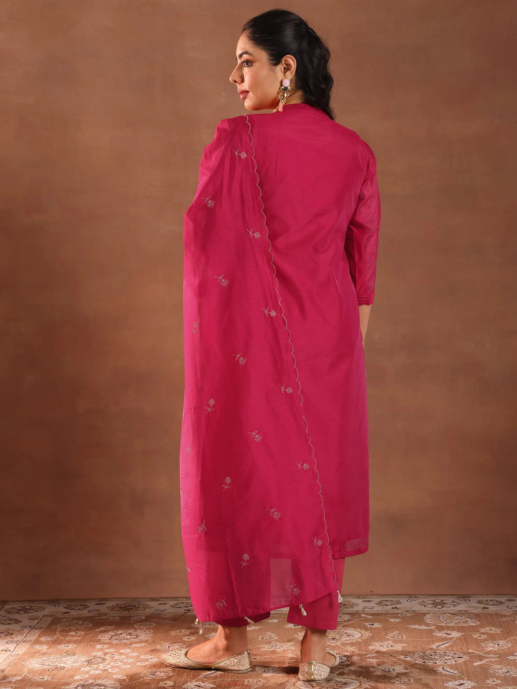 Pink Embroidered Chanderi Silk Straight Suit With Dupatta