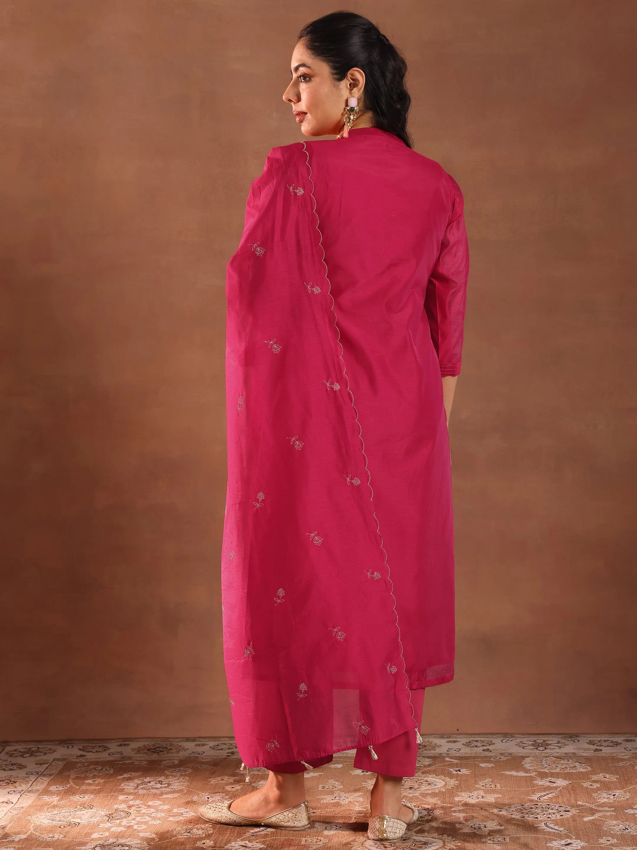Pink Embroidered Chanderi Silk Straight Suit With Dupatta