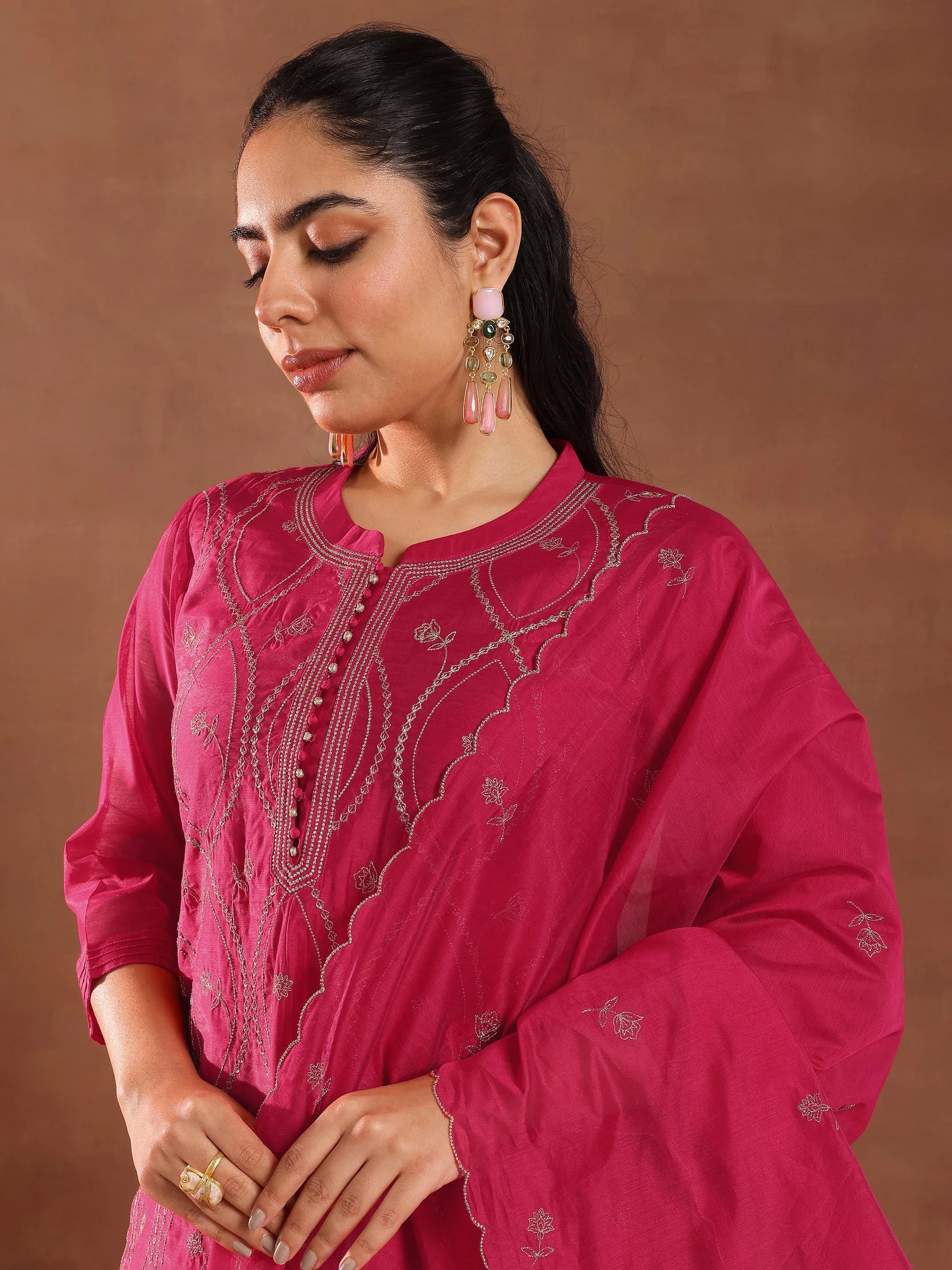 Pink Embroidered Chanderi Silk Straight Suit With Dupatta