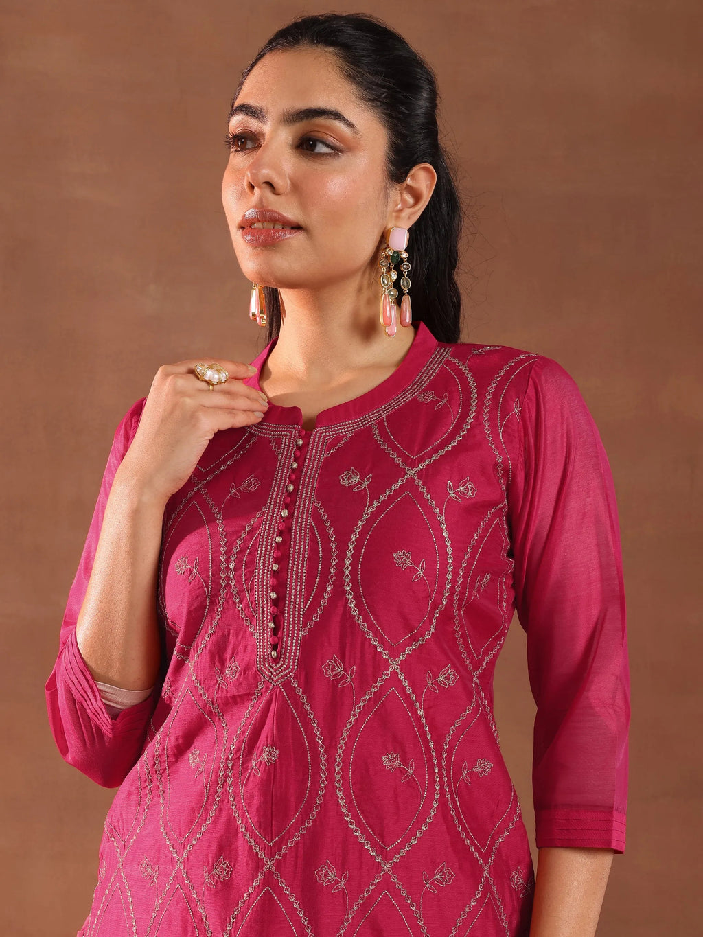 Pink Embroidered Chanderi Silk Straight Suit With Dupatta