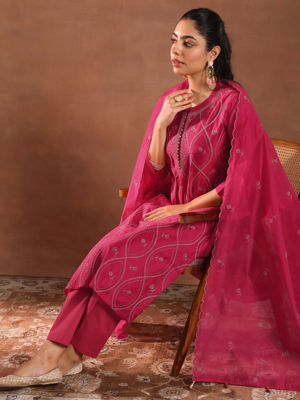 Pink Embroidered Chanderi Silk Straight Suit With Dupatta