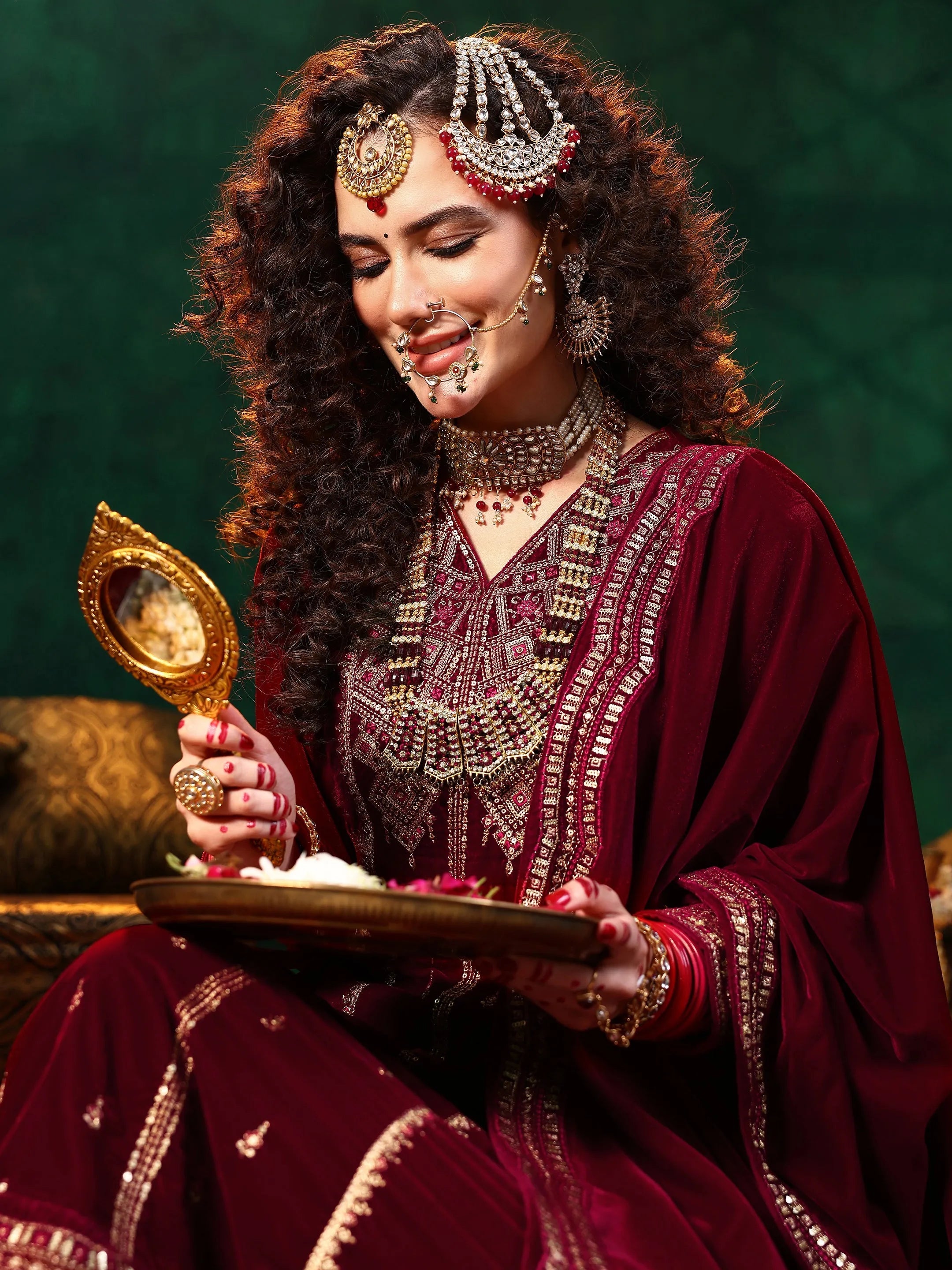 Maroon Embroidered Velvet A-line Kurta  With Trousers & Dupatta